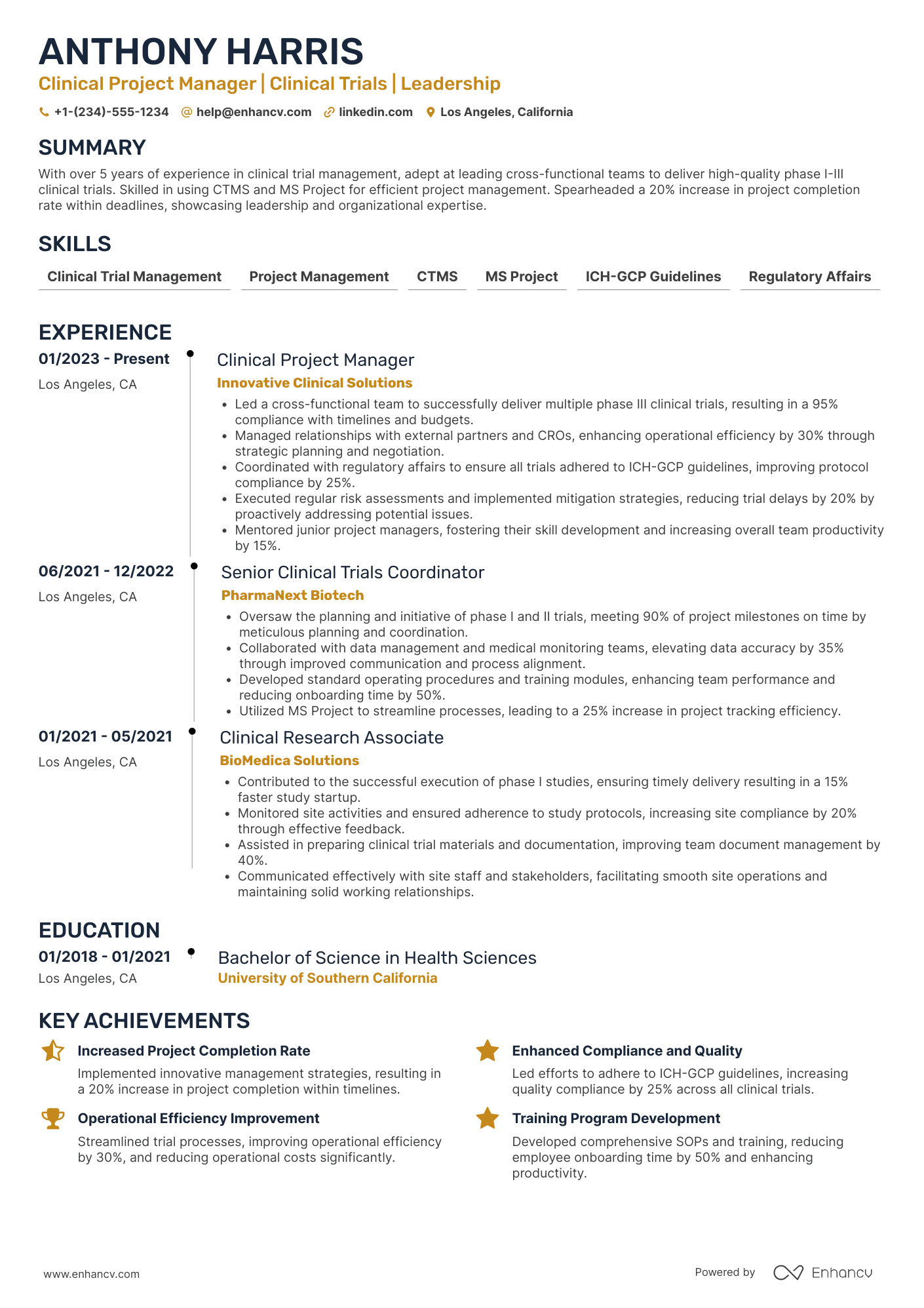 Clinical Project Manager resume example
