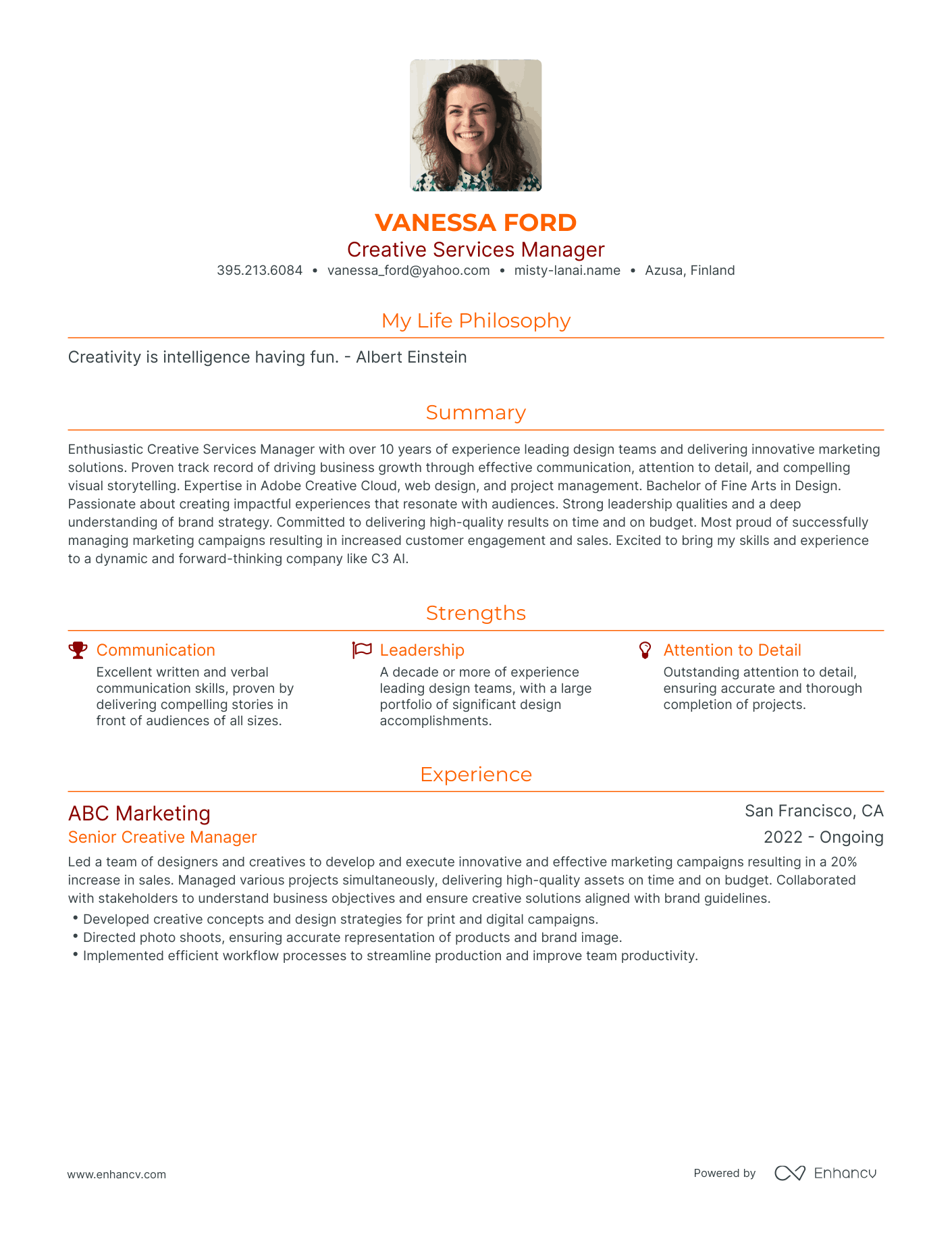 Modern Creative Services Manager Resume Example