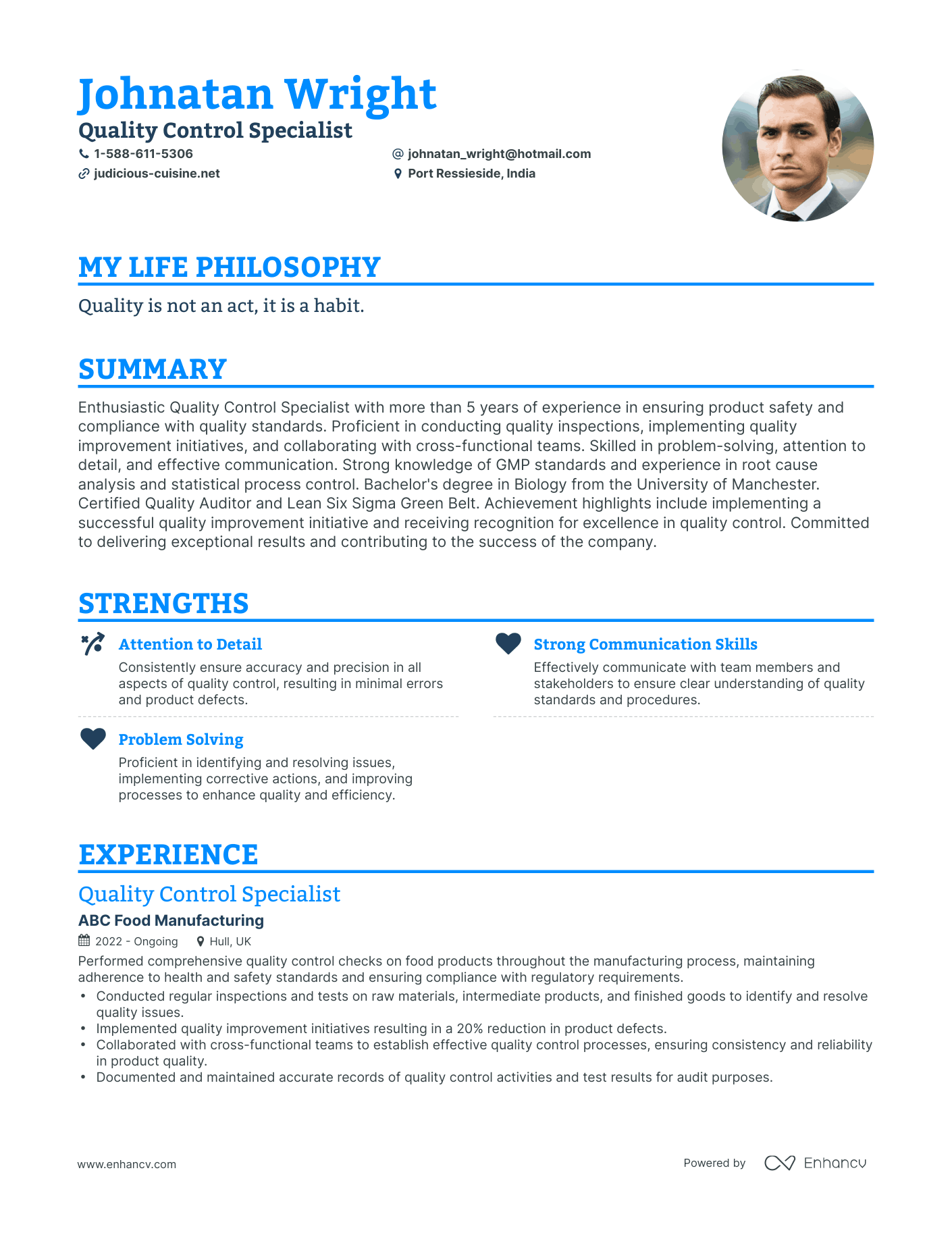 Creative Quality Control Specialist Resume Example