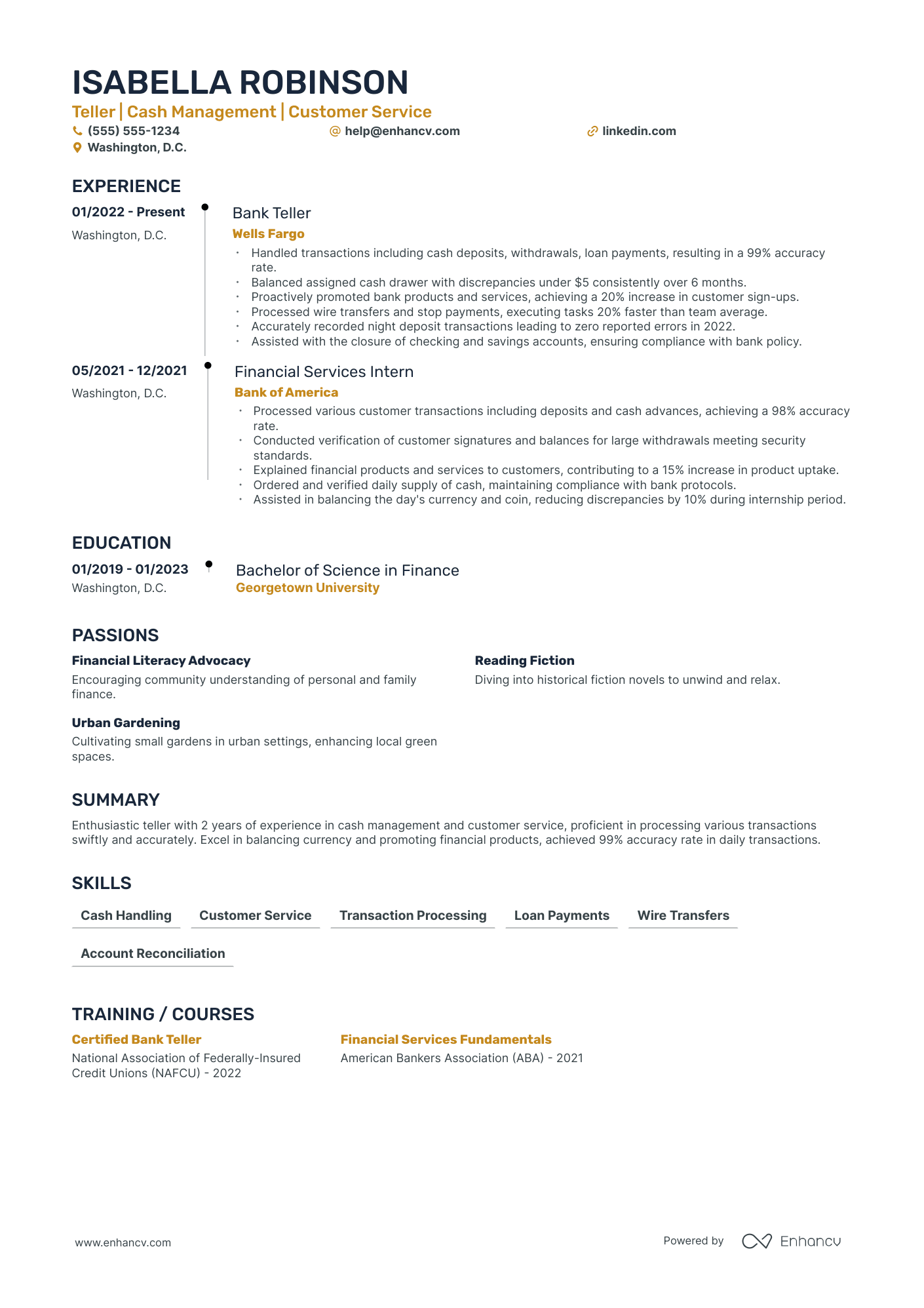 Night Shift Bank Teller resume example