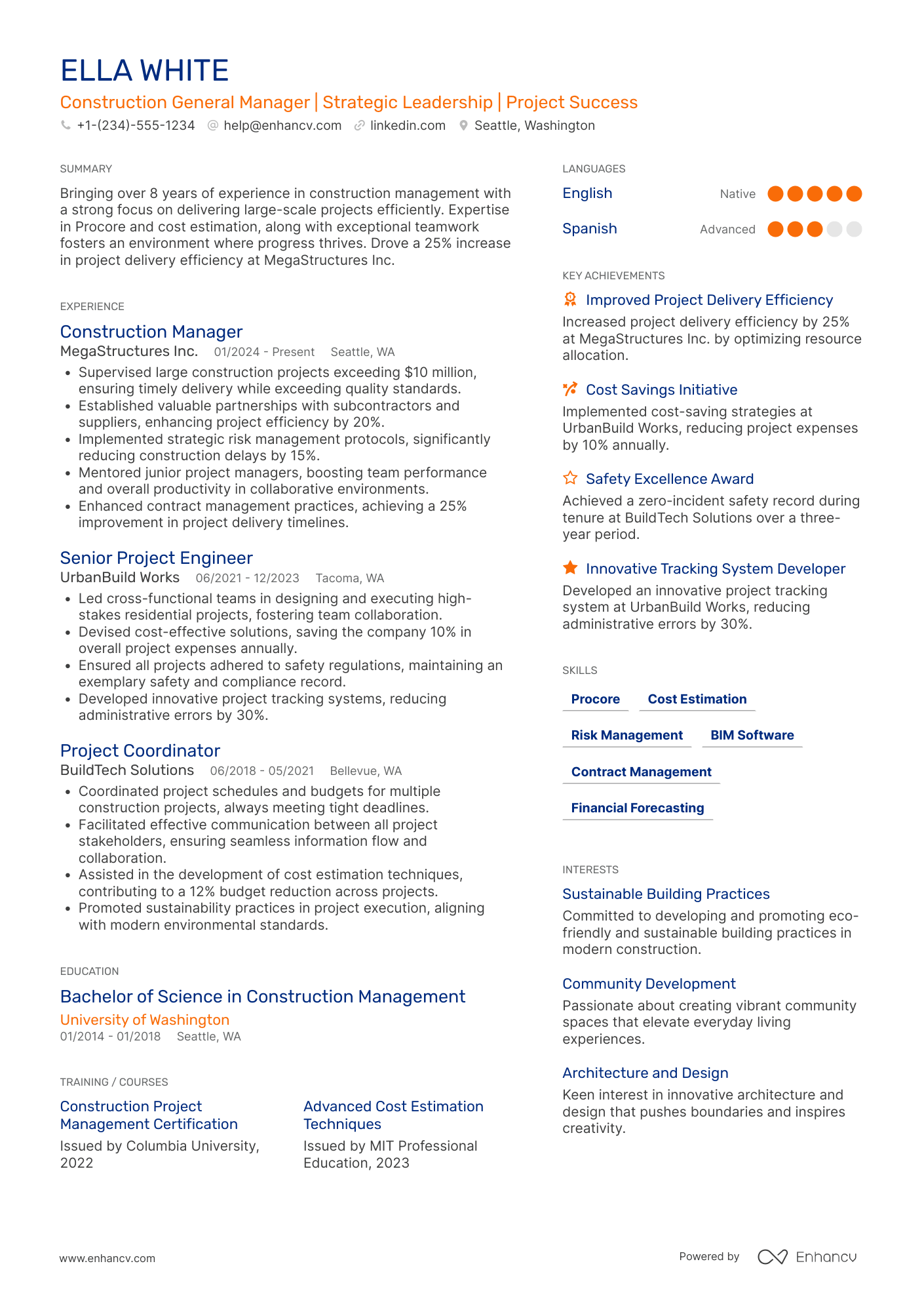 Construction General Manager resume example