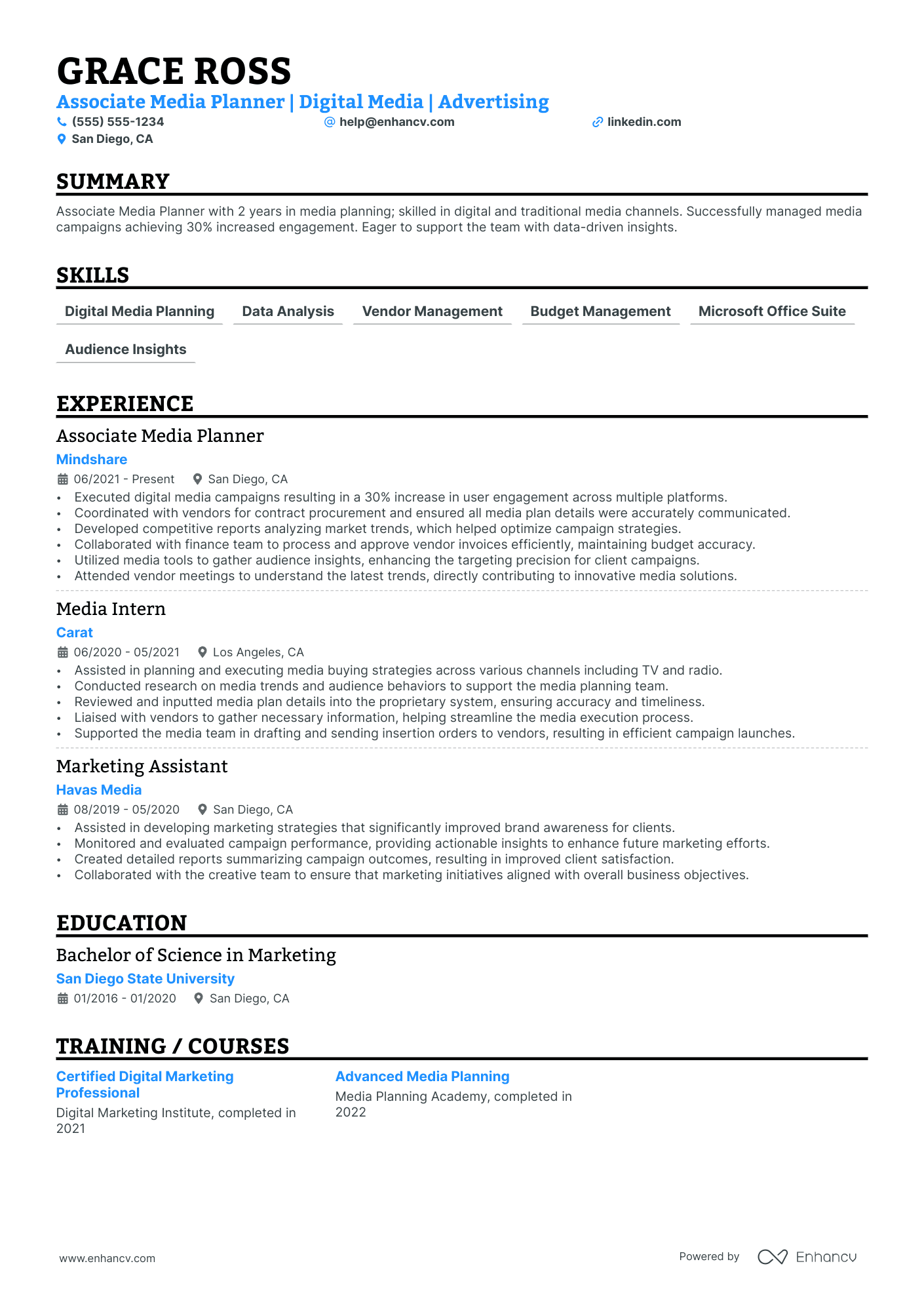 Associate Media Planner resume example