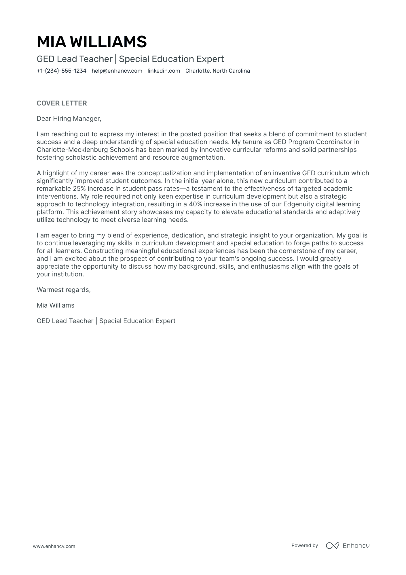 Lead Teacher cover letter