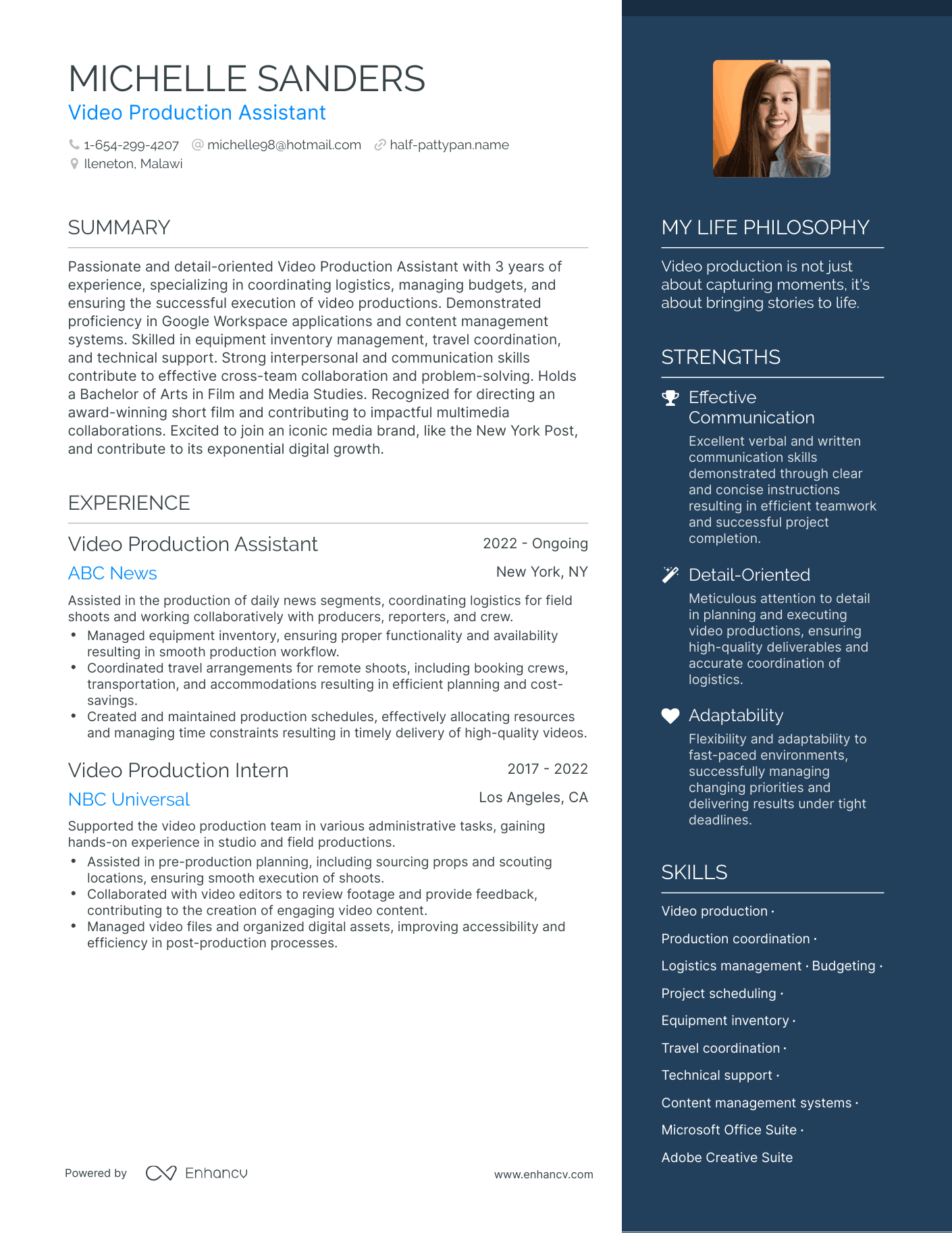 Modern Video Production Assistant Resume Example