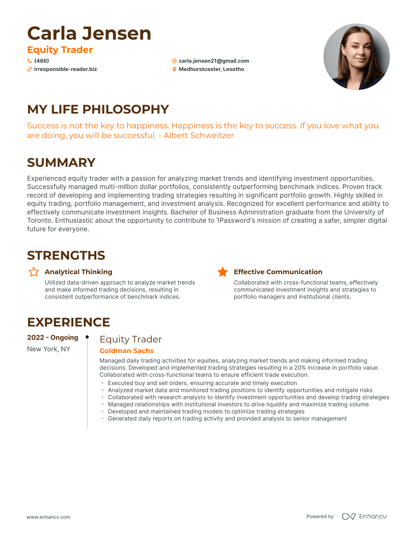 Creative Equity Trader Resume Example
