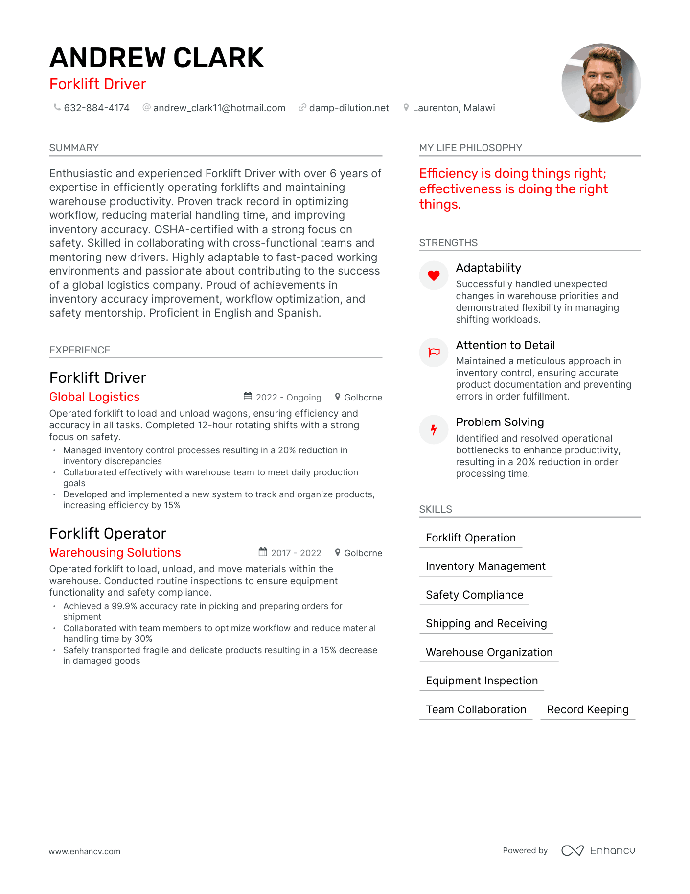Forklift Driver resume example