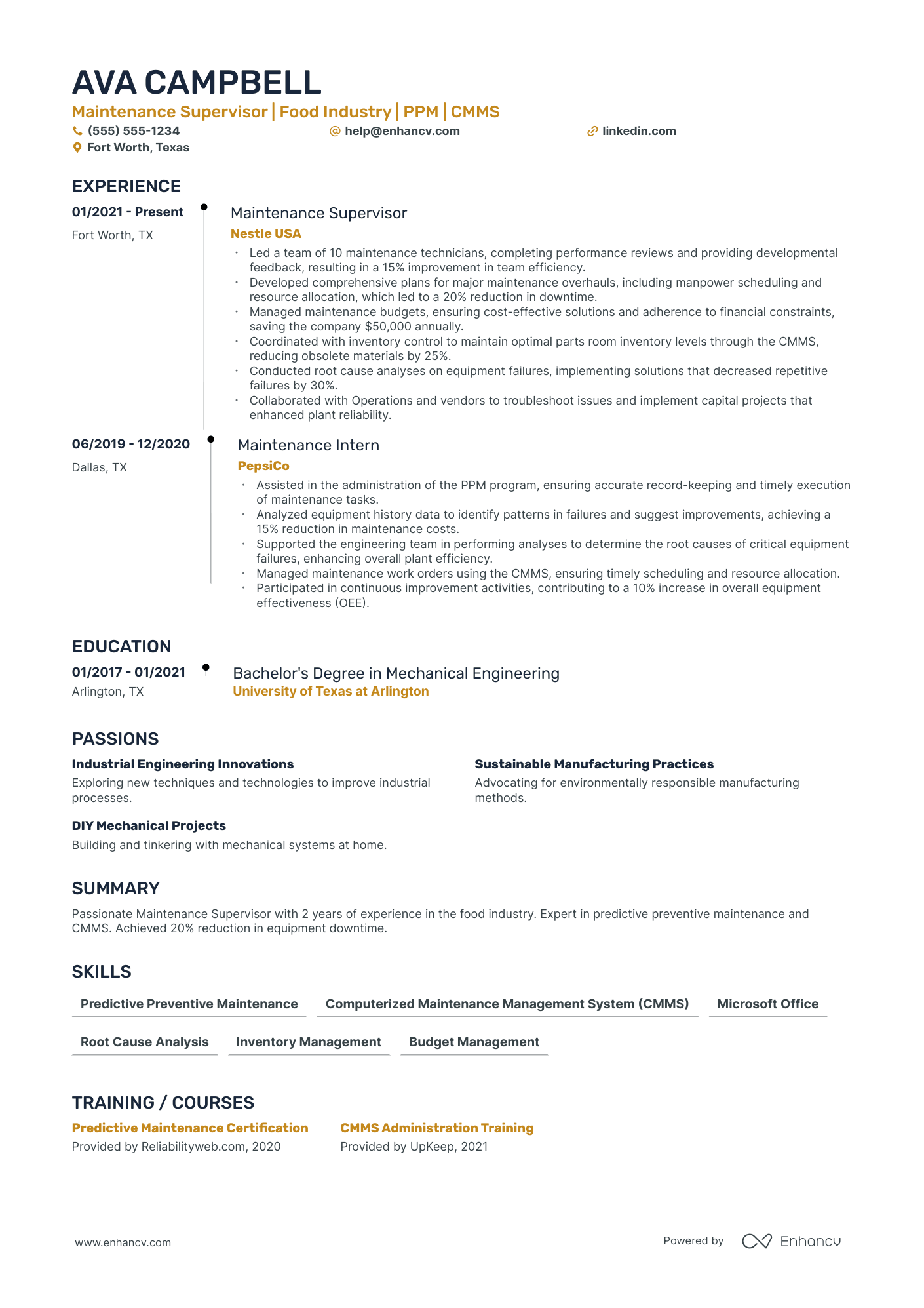 Manufacturing Maintenance Engineer resume example