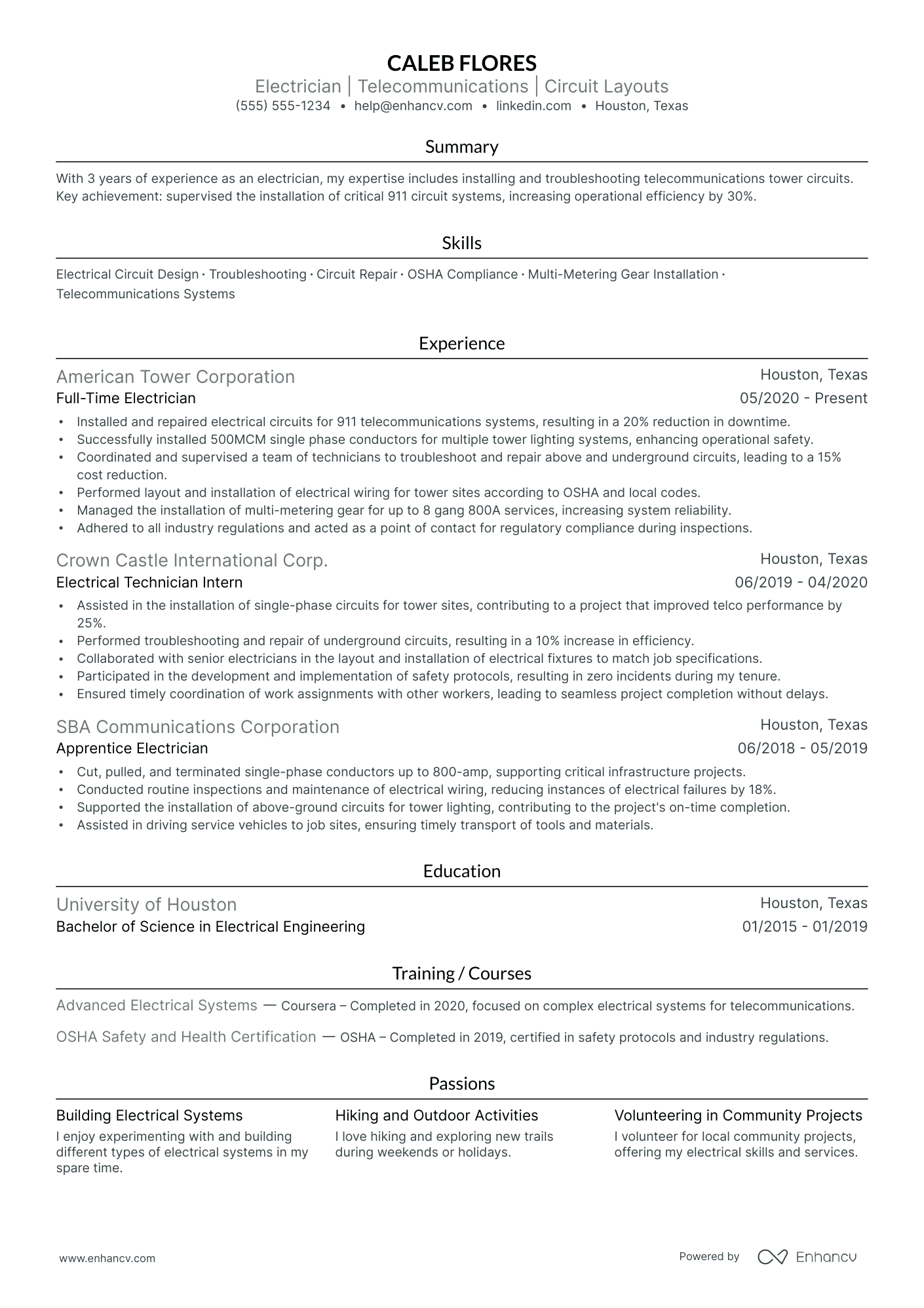 Telecommunications Electrician resume example