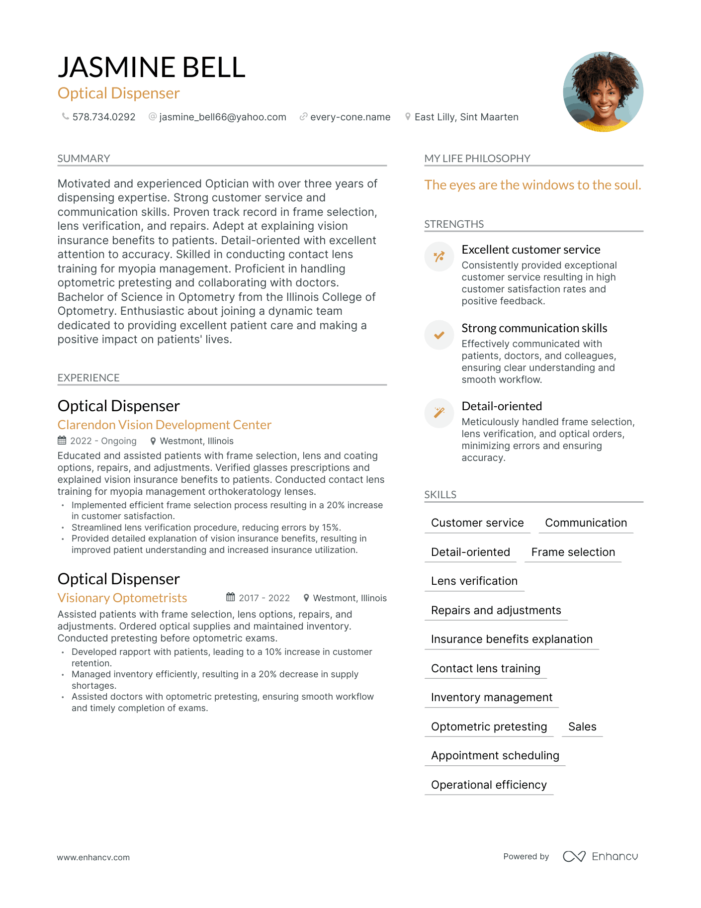 Optical Dispenser resume example