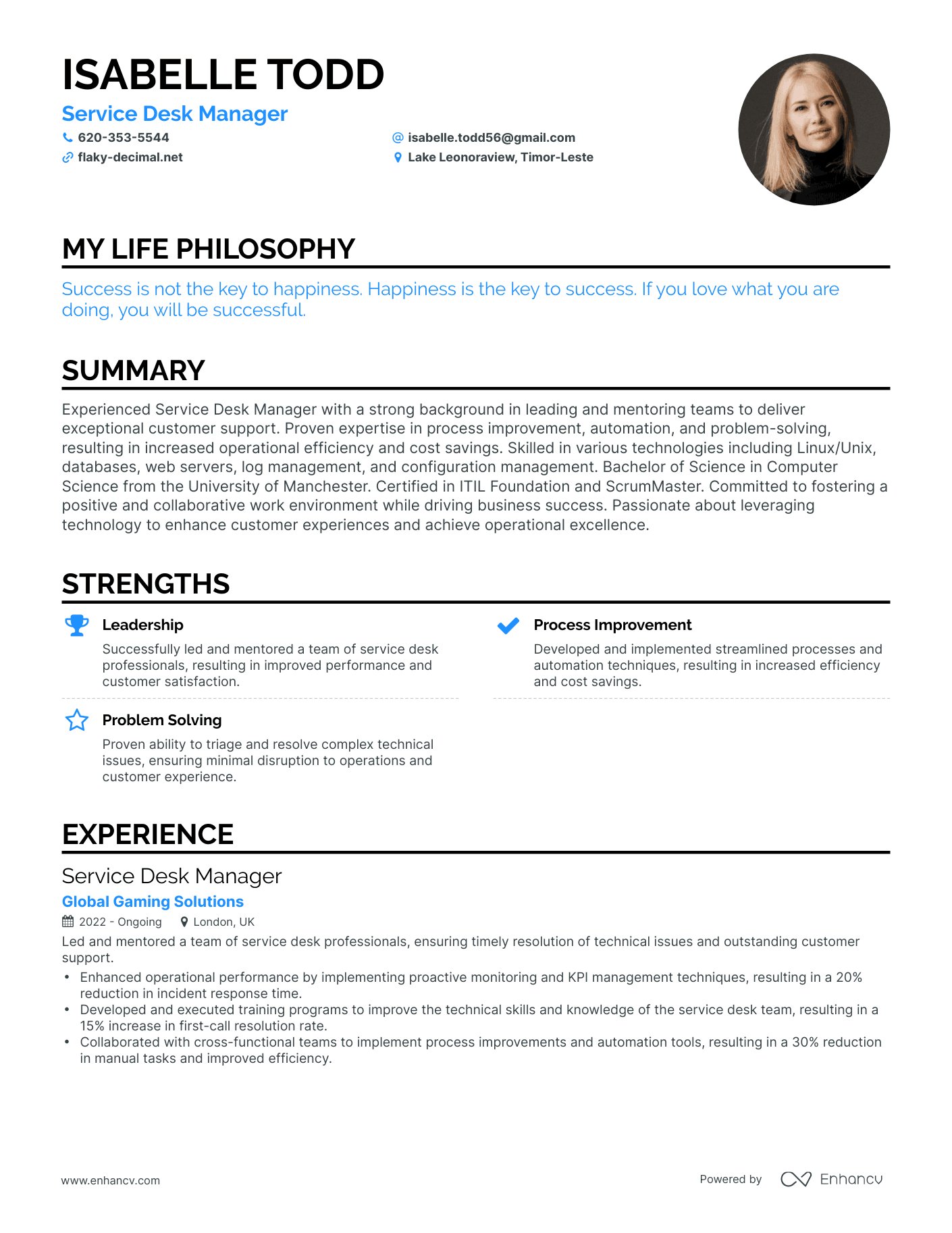 Creative Service Desk Manager Resume Example