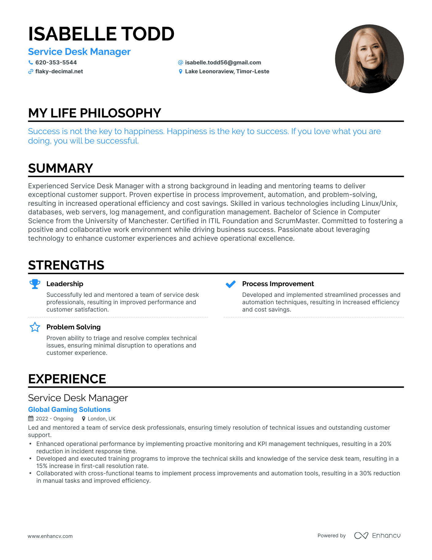 Creative Service Desk Manager Resume Example Resume Example