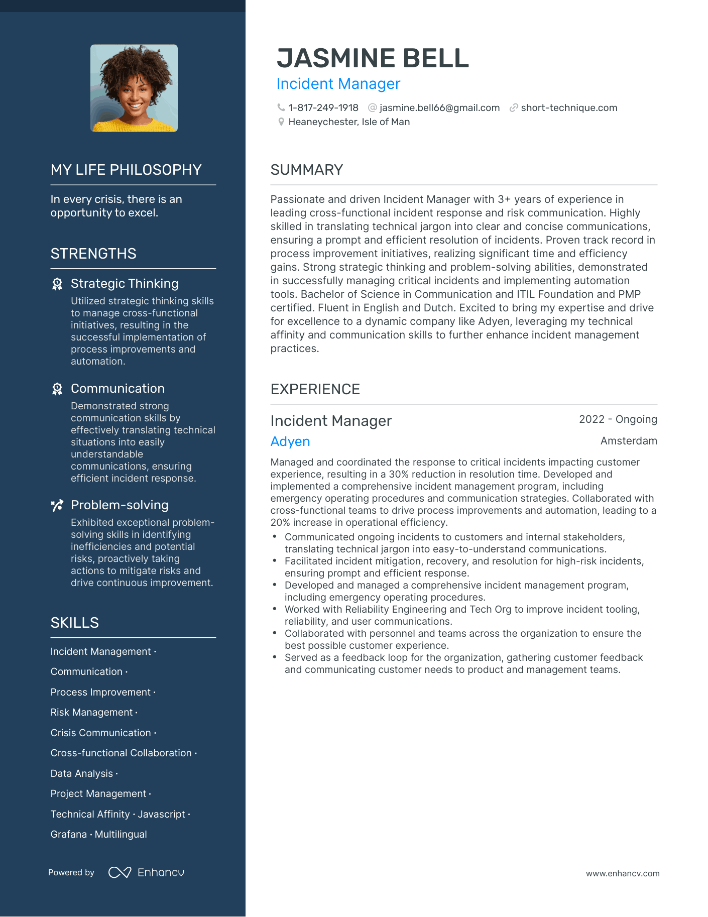 Creative Incident Manager Resume Example
