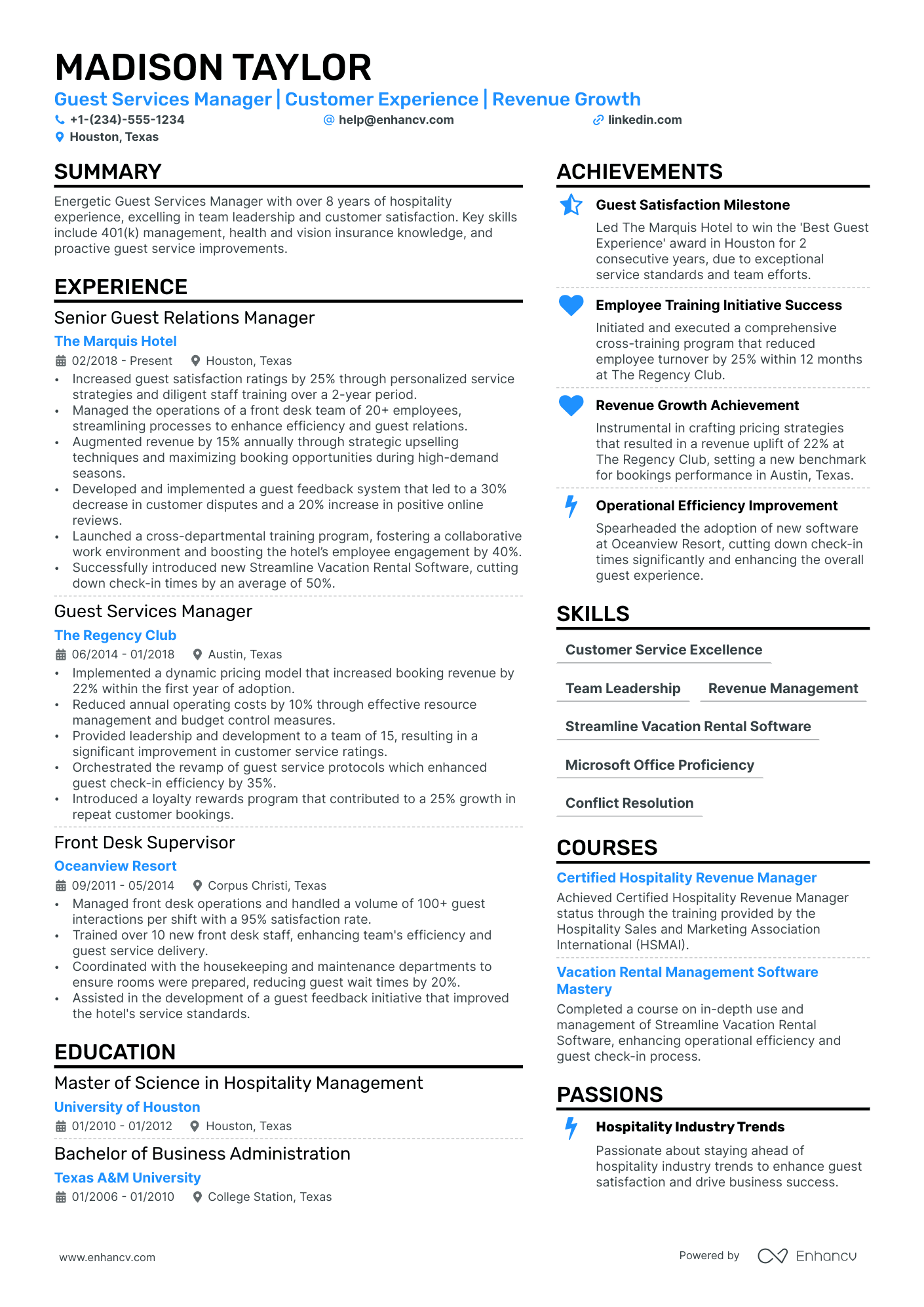 Guest Services Manager resume example