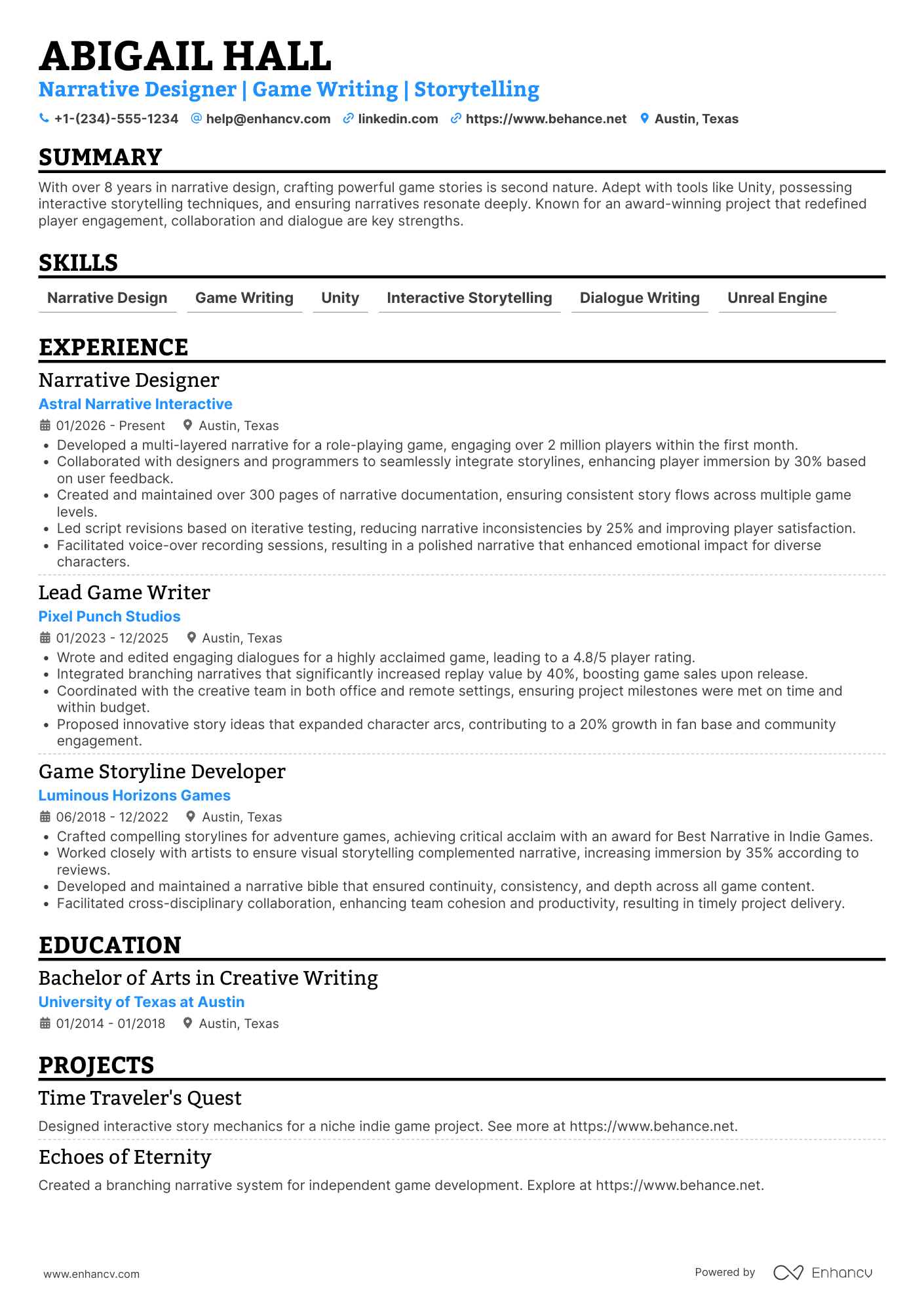 Narrative Designer resume example