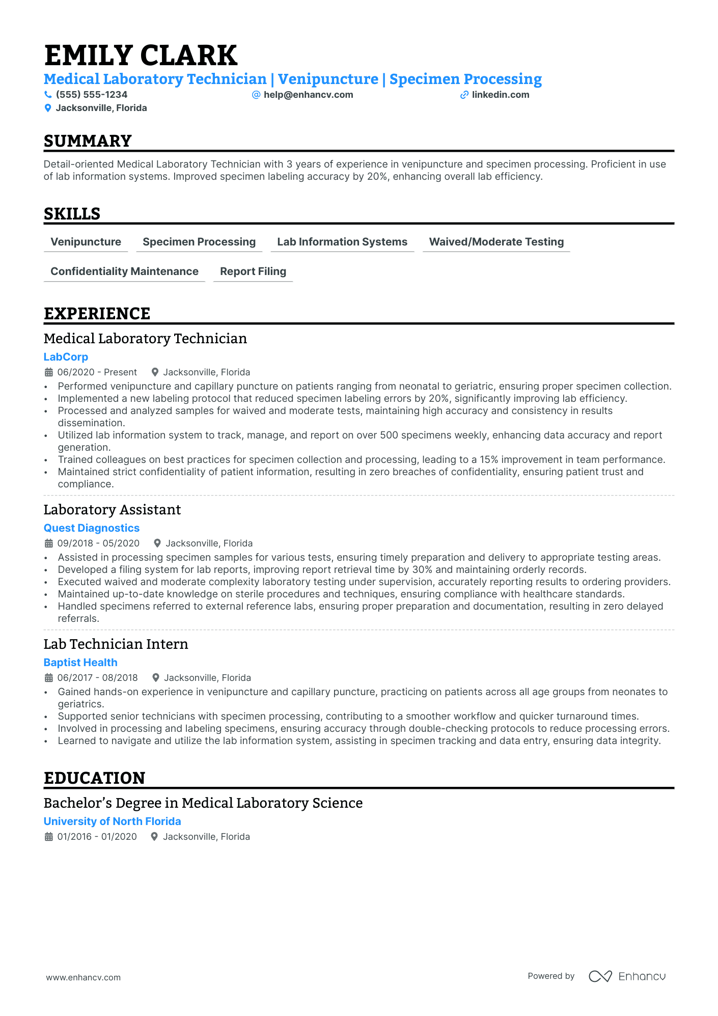 Medical Laboratory Assistant resume example