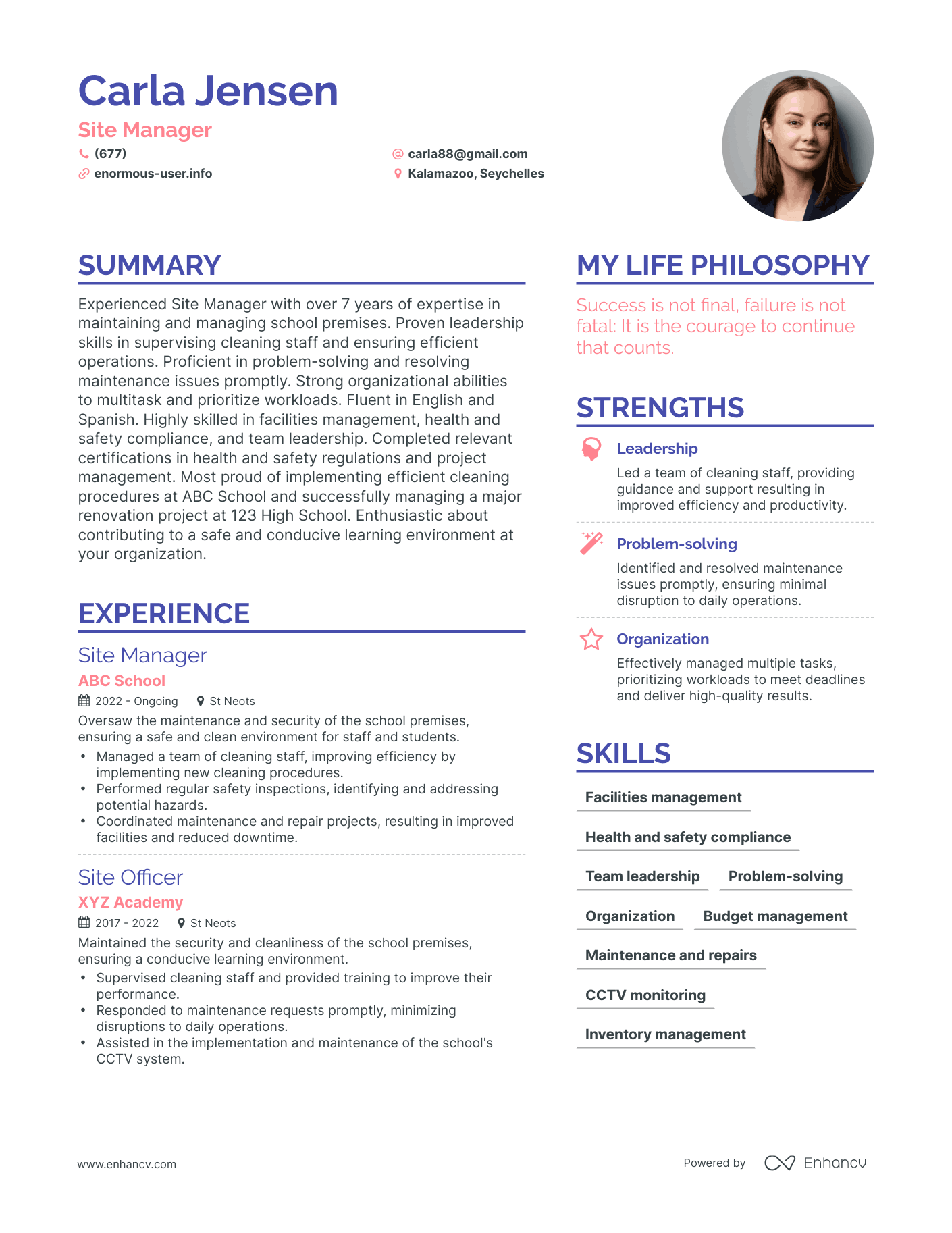 Site Manager resume example