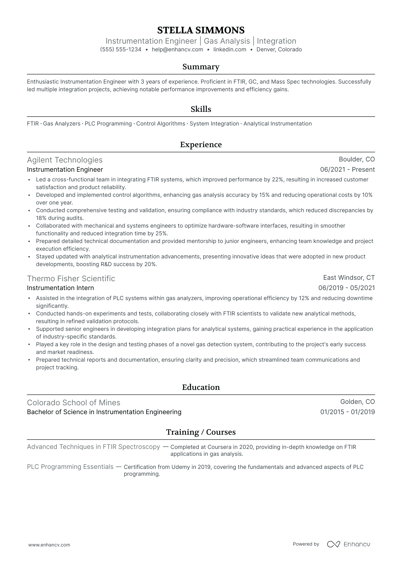 Instrumentation Engineer resume example