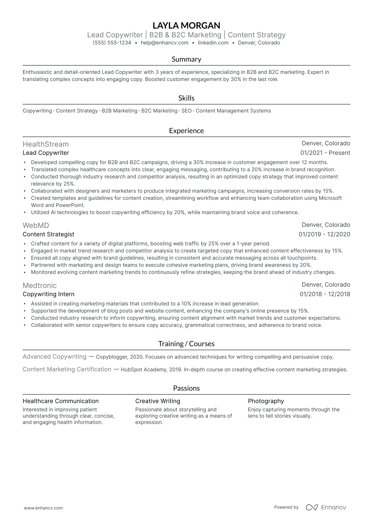 Lead Copywriter resume example