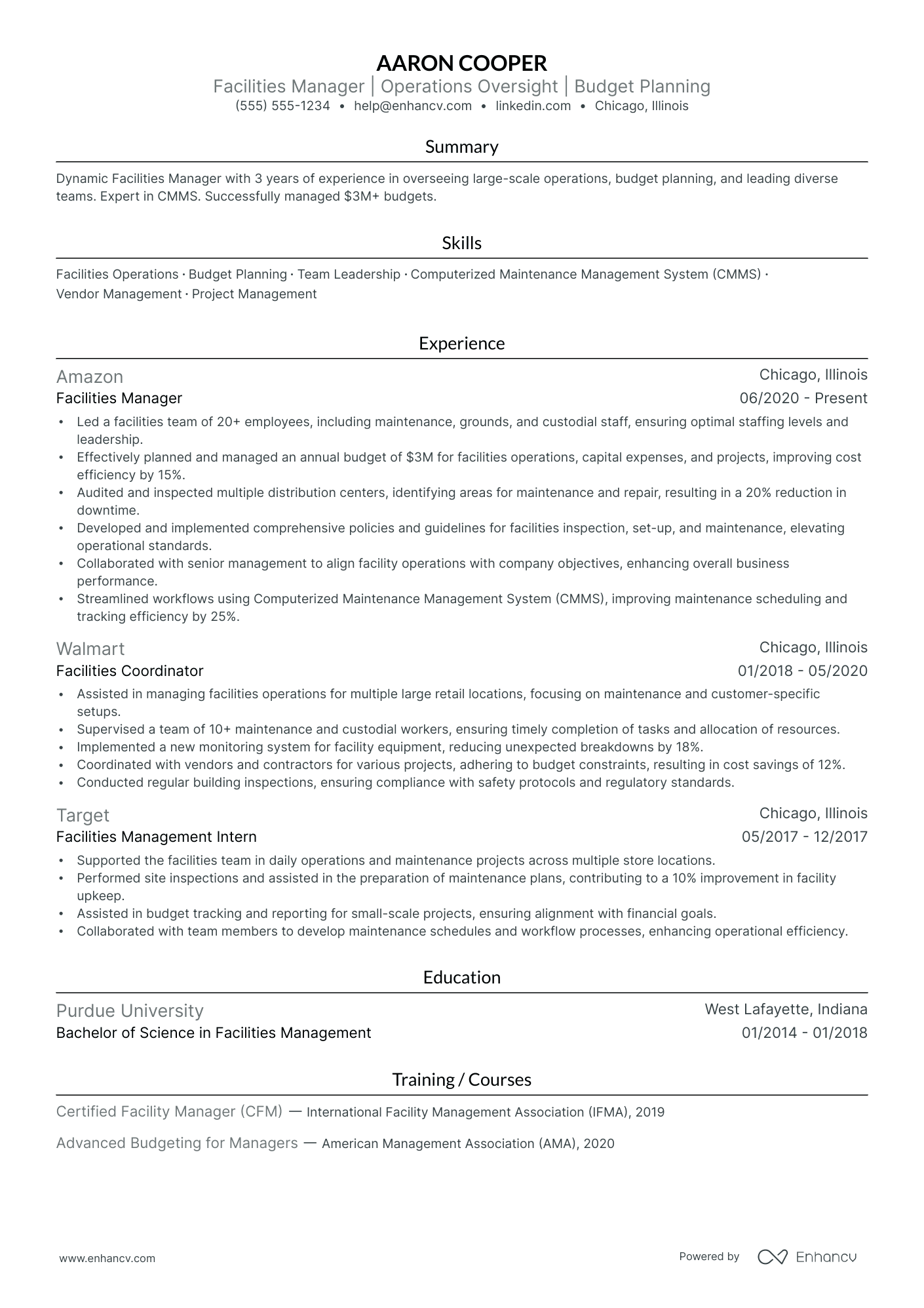 Regional Facilities Manager resume example