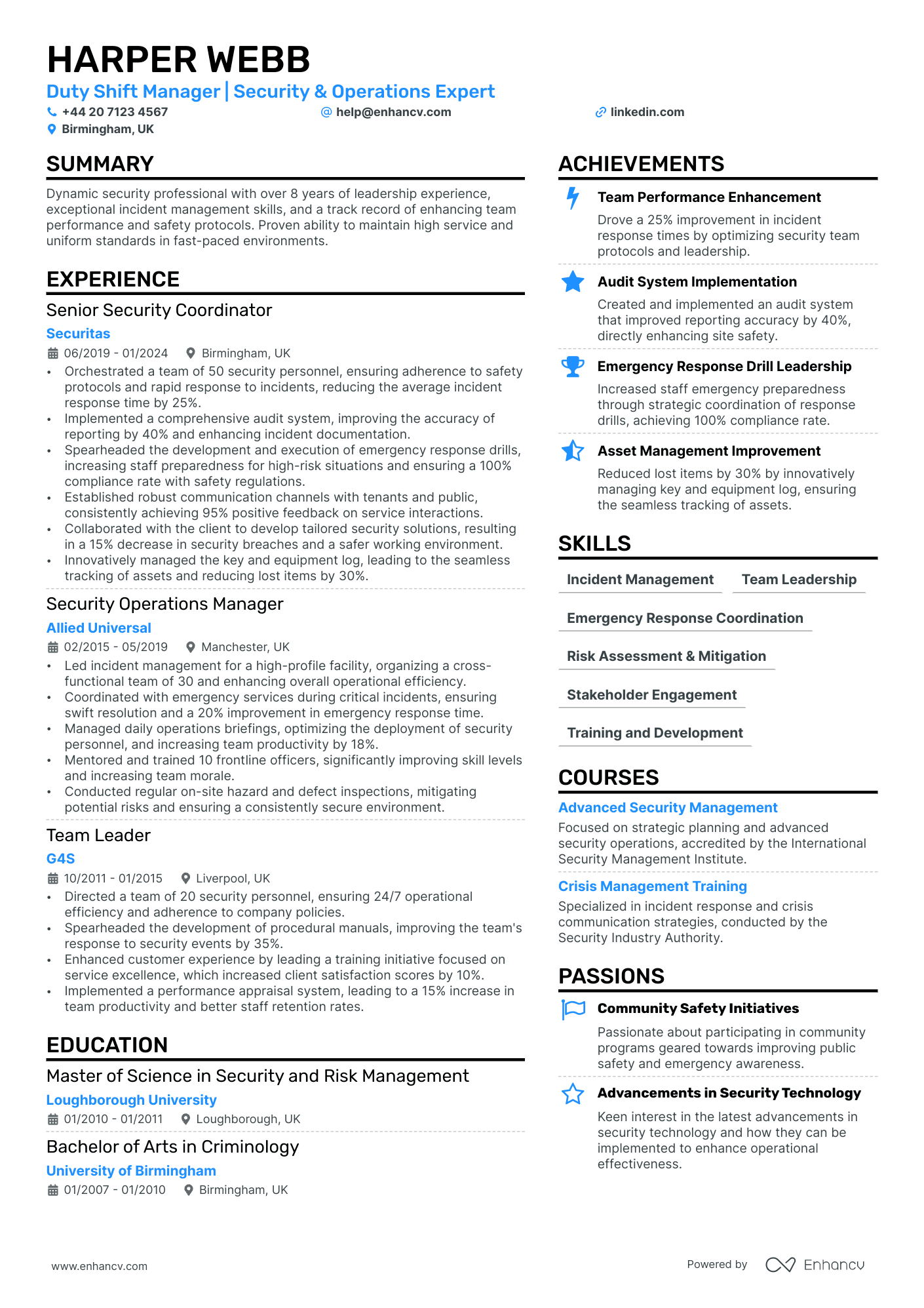 Security Manager cv example