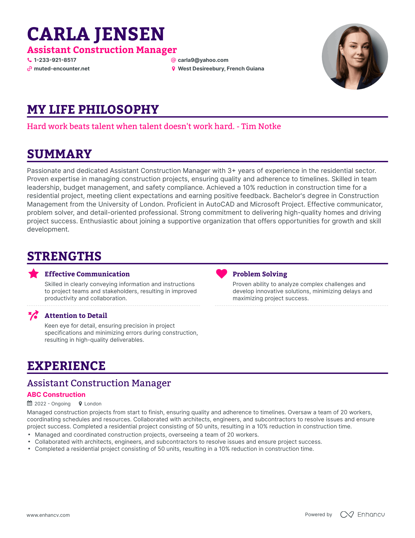 Creative Assistant Construction Manager Resume Example