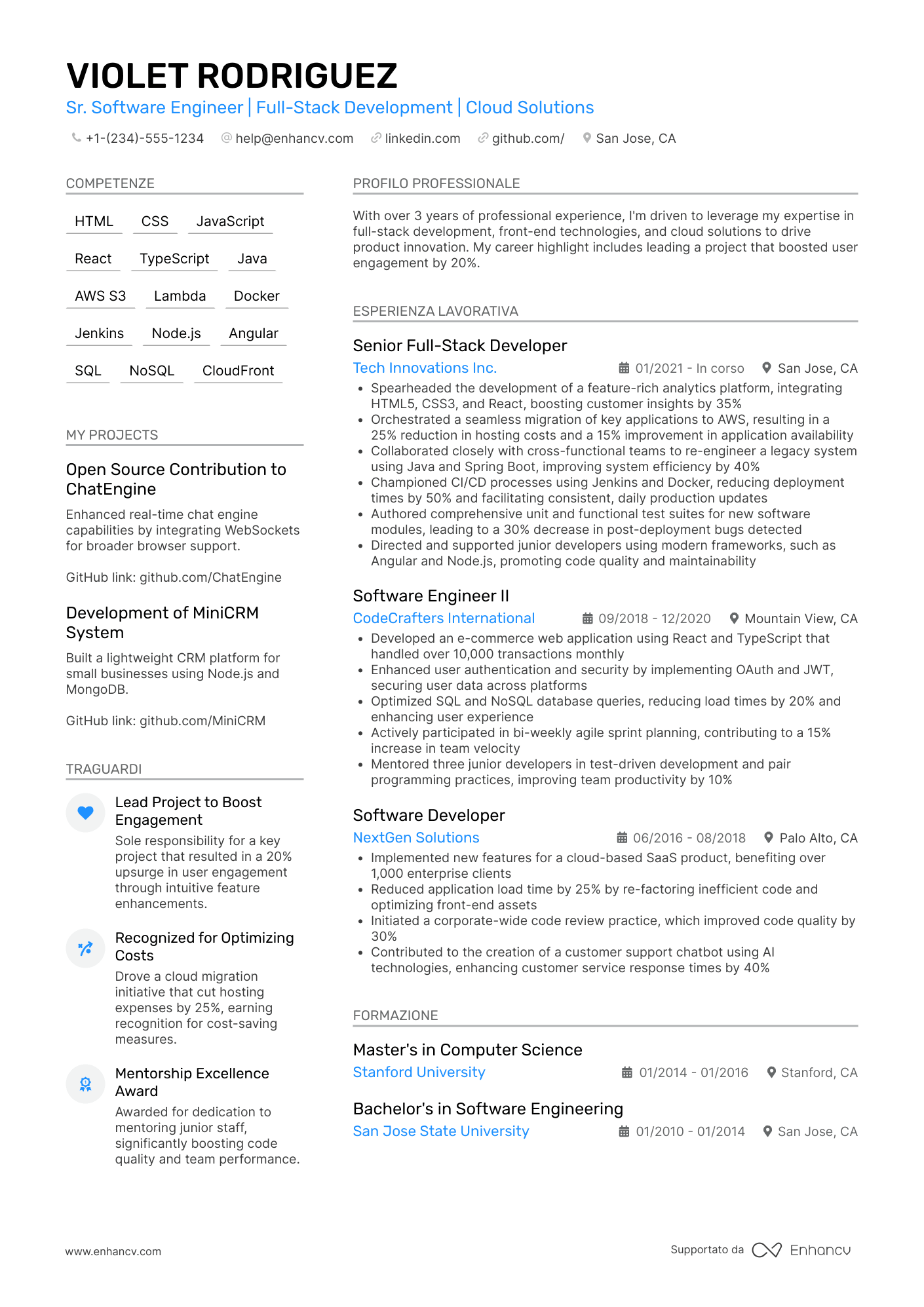 A double column resume template perfect for people with a lot of experience and skills. Blue accent color.