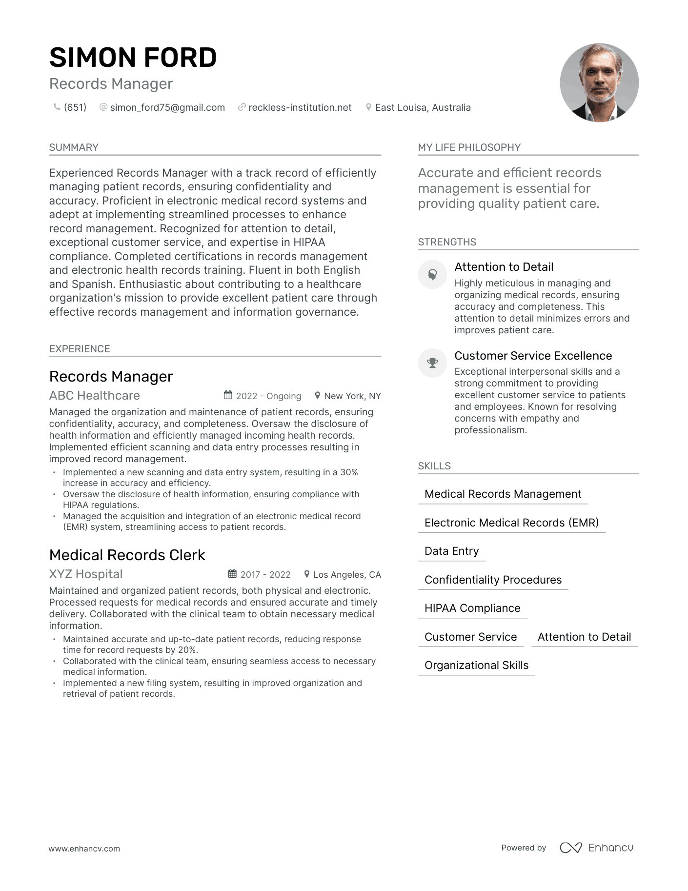 Records Manager resume example