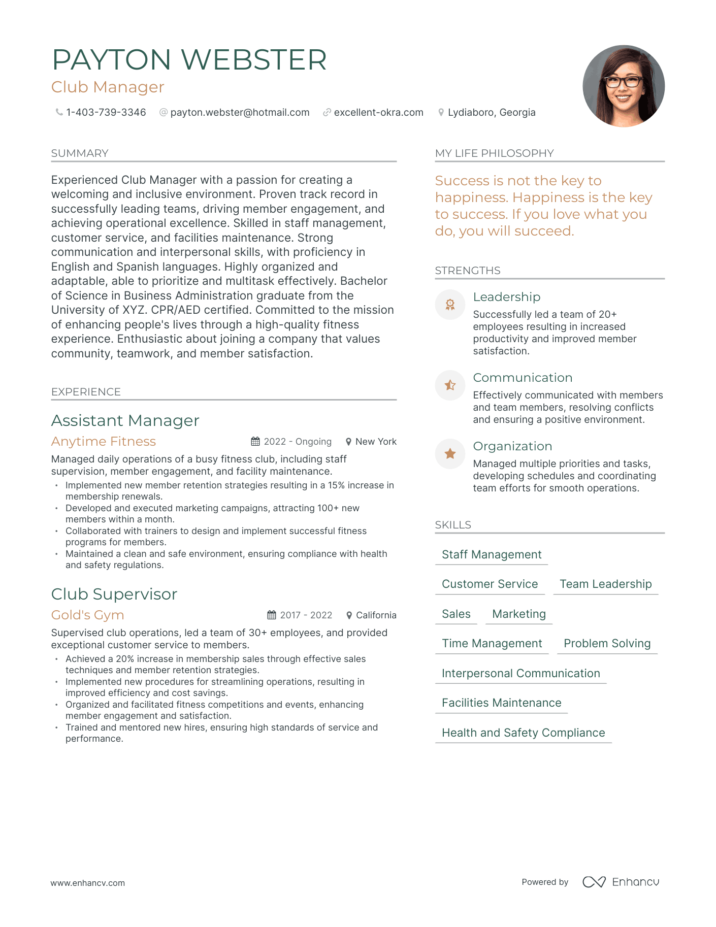 Club Manager resume example