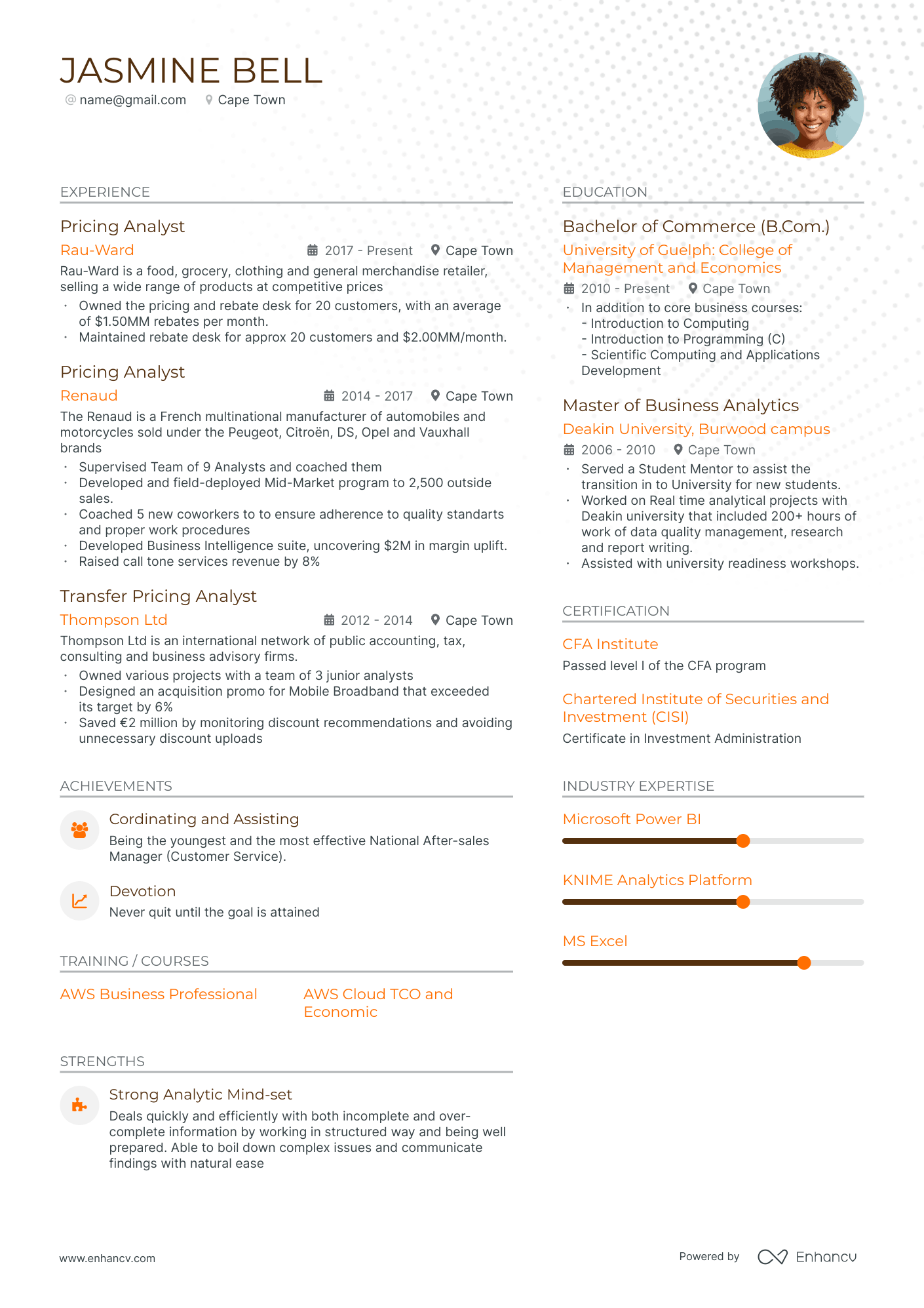 pricing analyst resume example