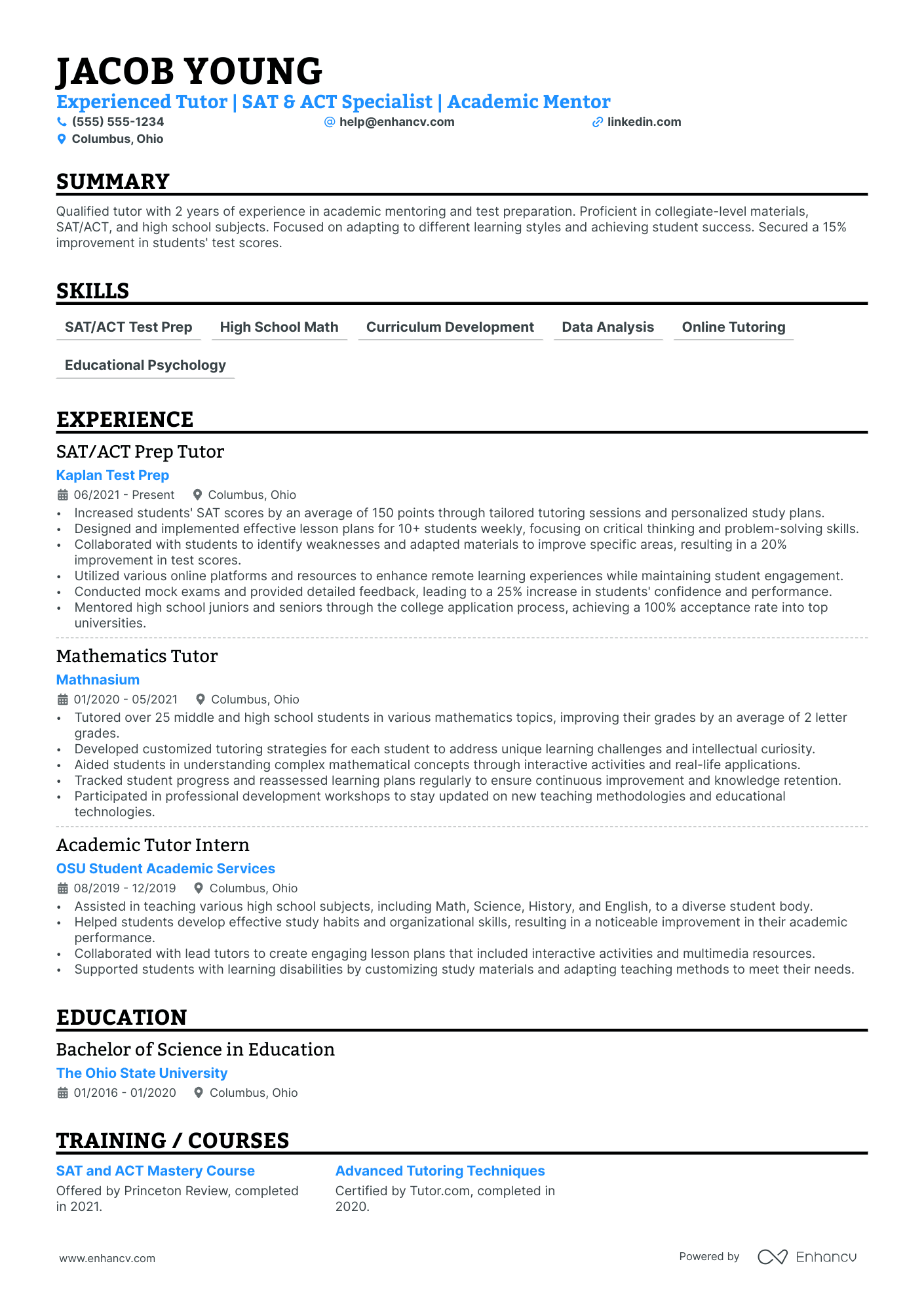 SAT Prep Tutor resume example