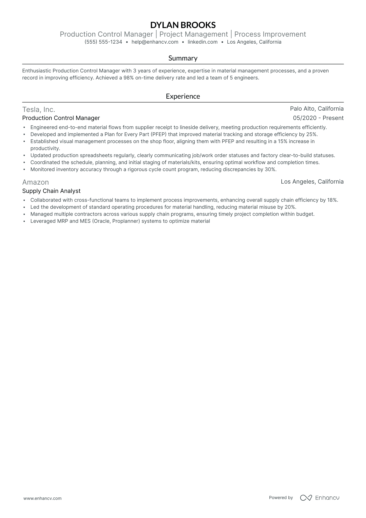 Production Control Manager resume example