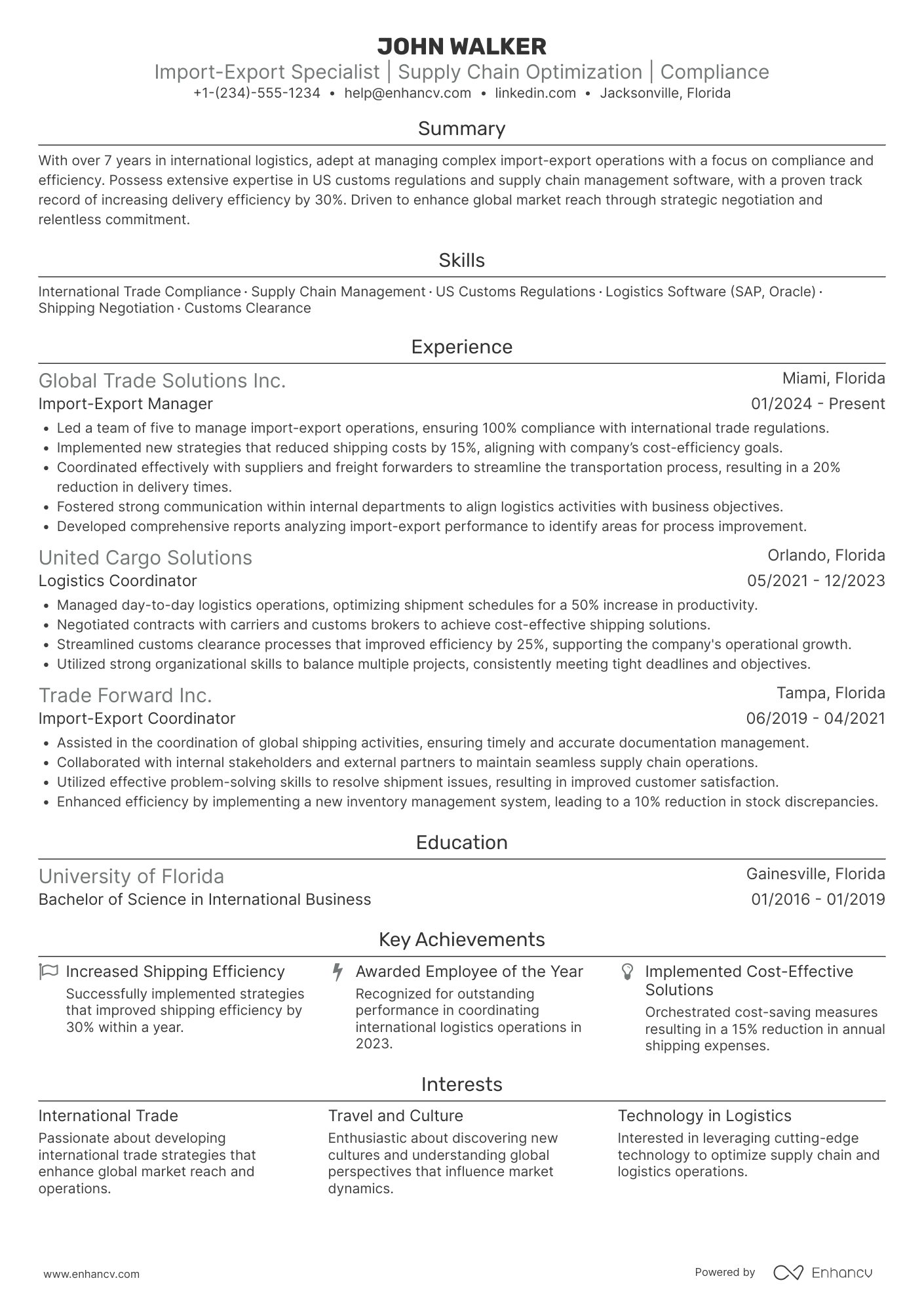 Import Export Manager resume example