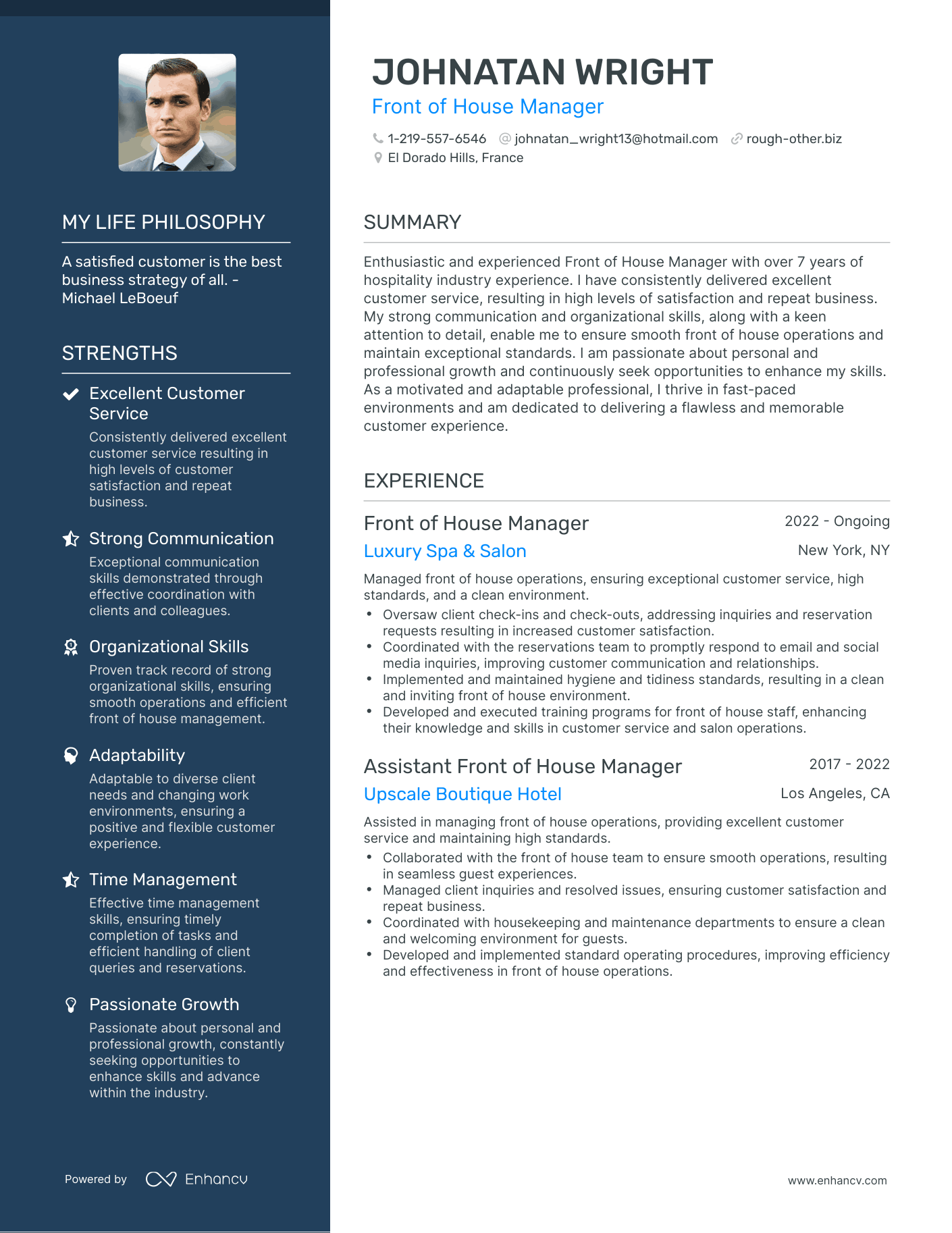 Creative Front of House Manager Resume Example