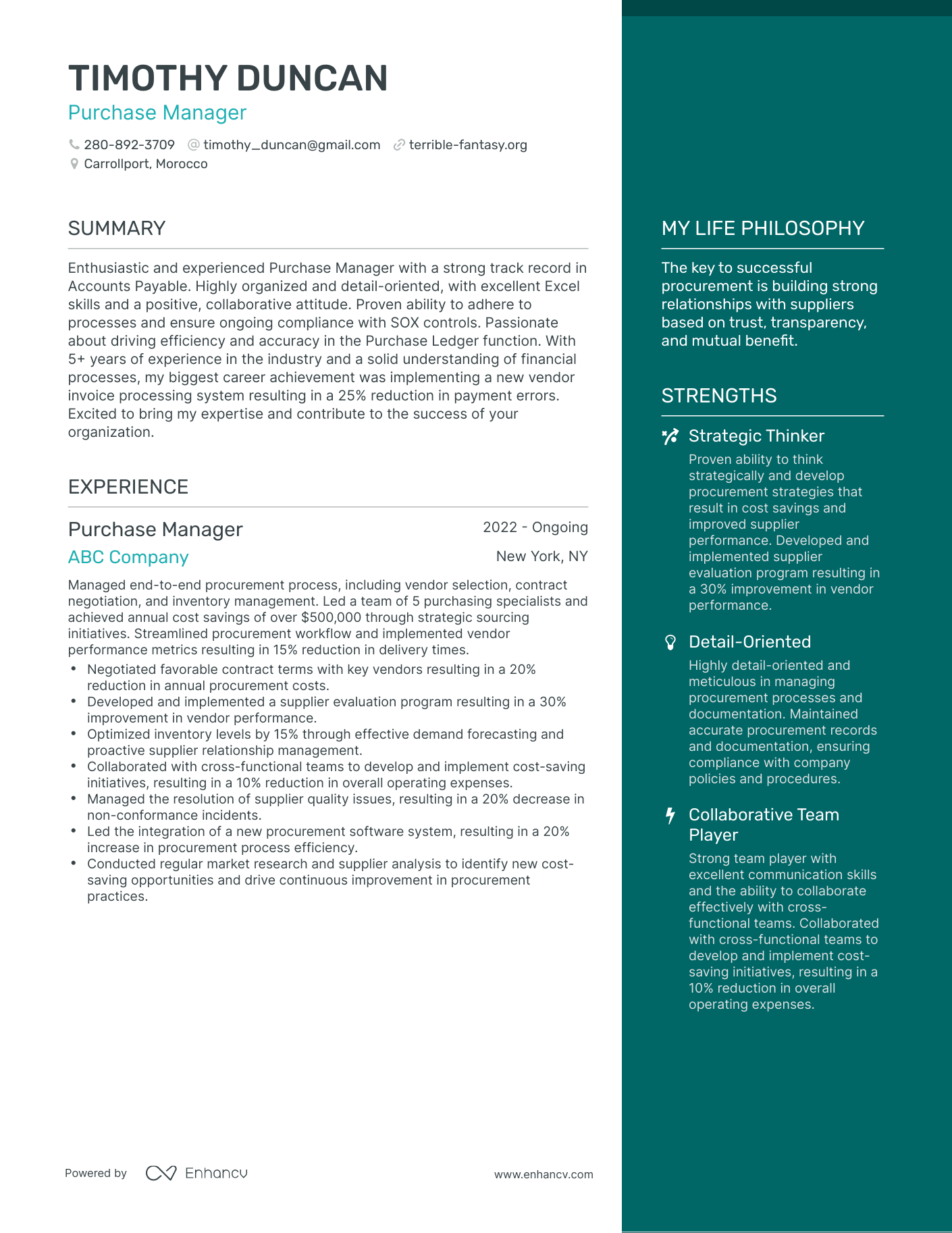 Modern Purchase Manager Resume Example