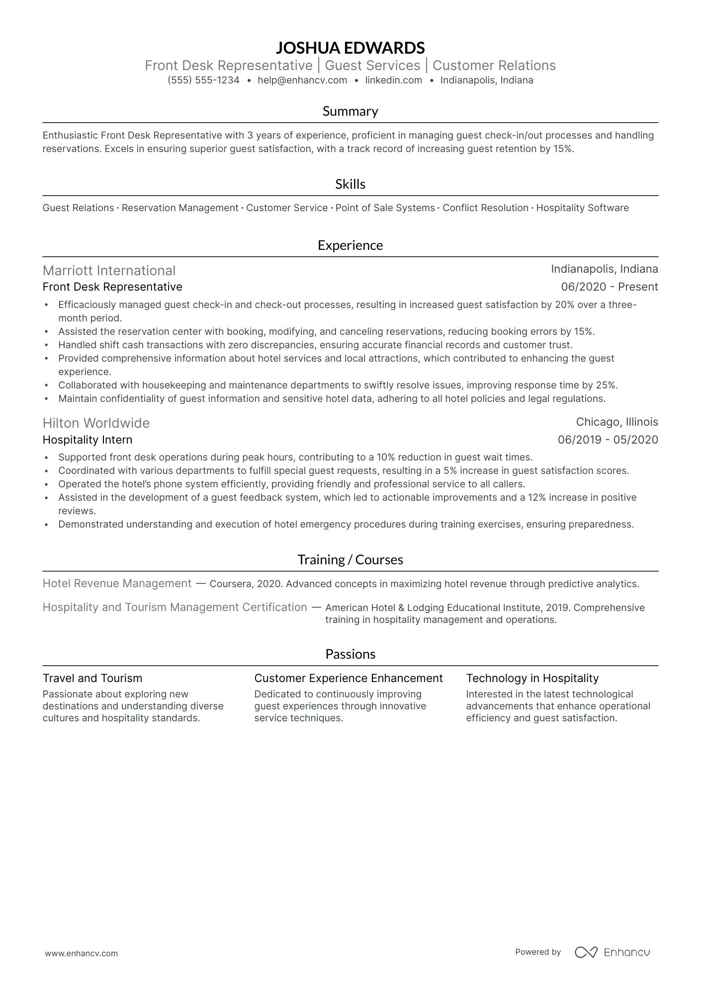 Hotel Receptionist resume example