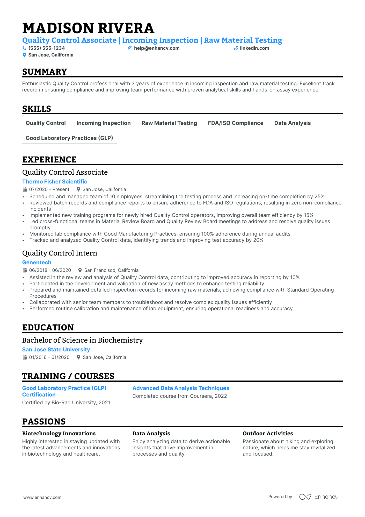 Quality Control Supervisor resume example