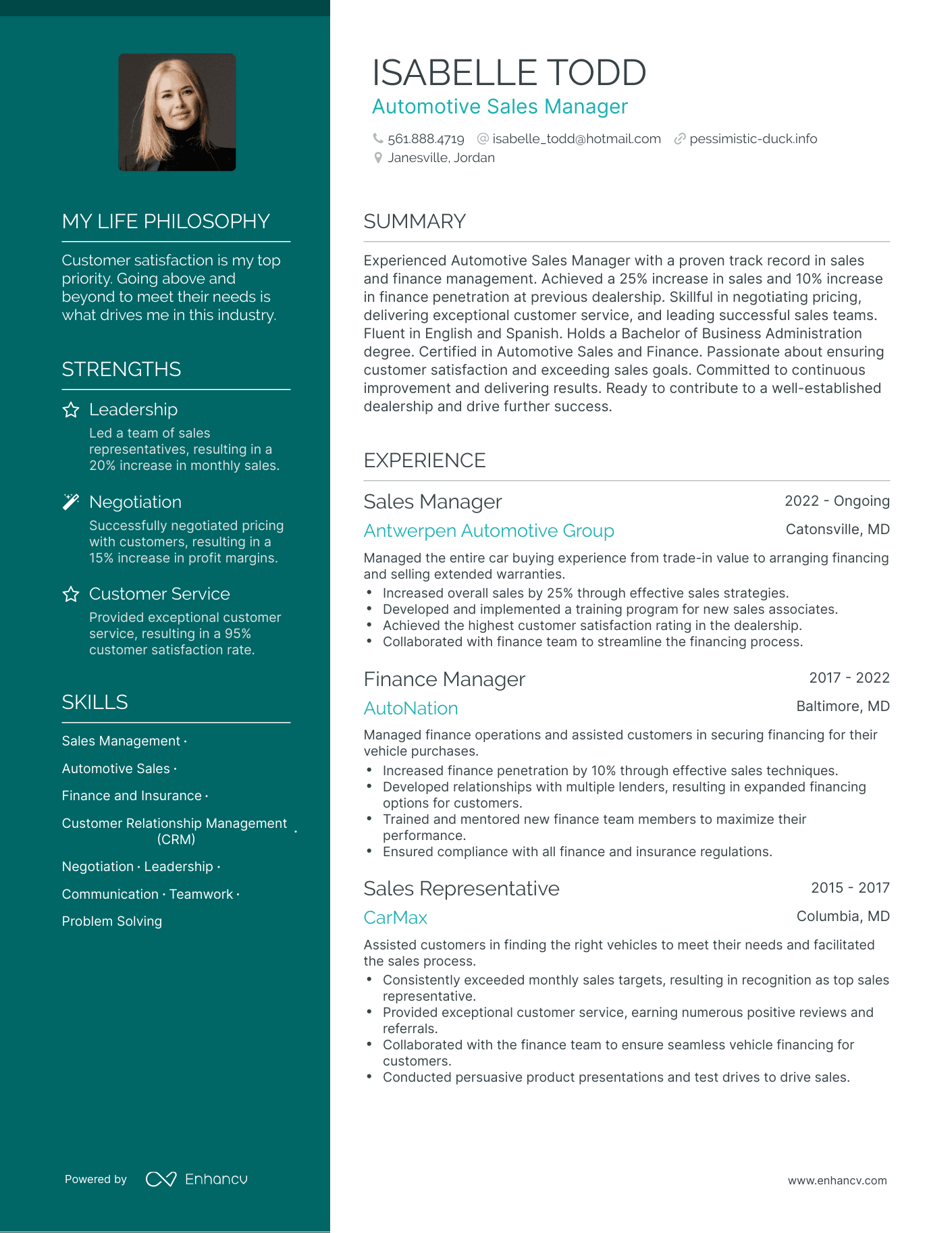 Automotive Sales Manager resume example