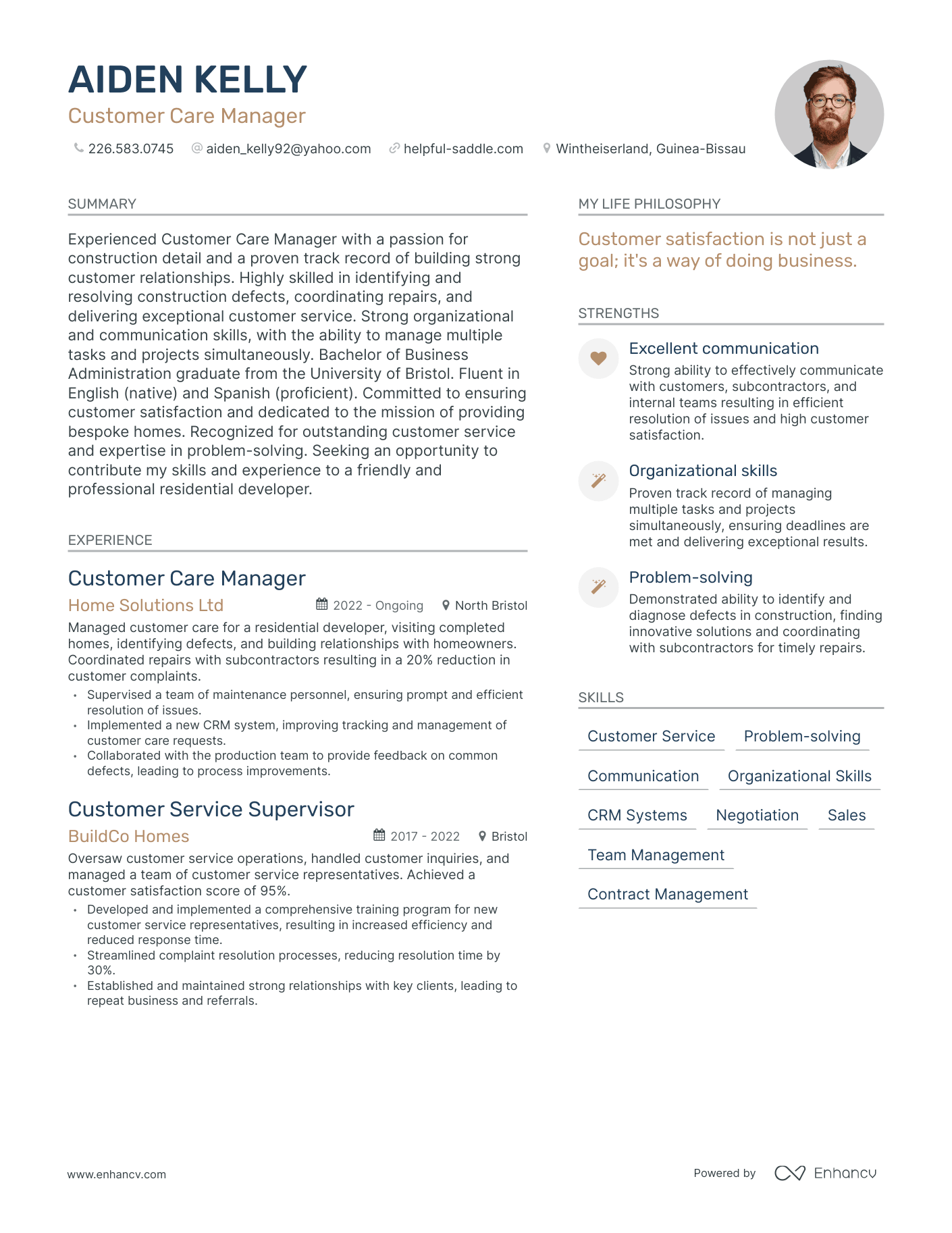Modern Customer Care Manager Resume Example
