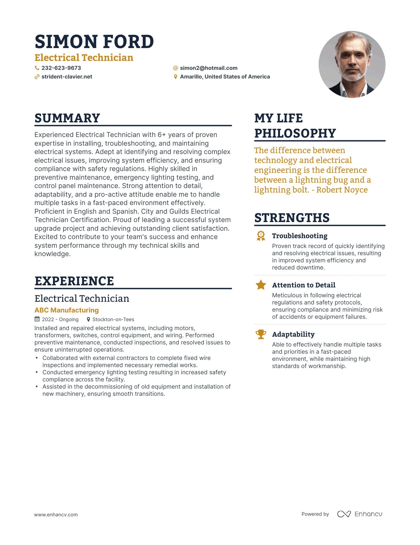 Modern Electrical Technician Resume Example