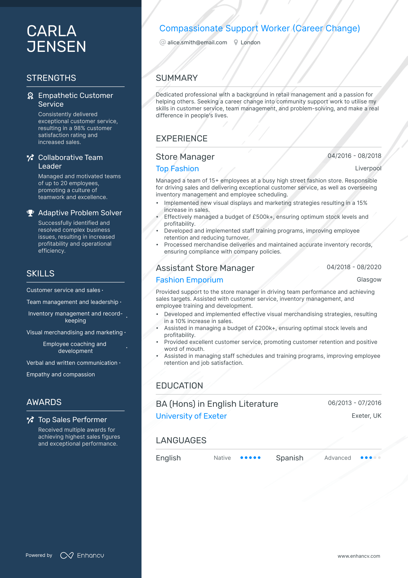 Compassionate Support Worker (Career Change) CV example