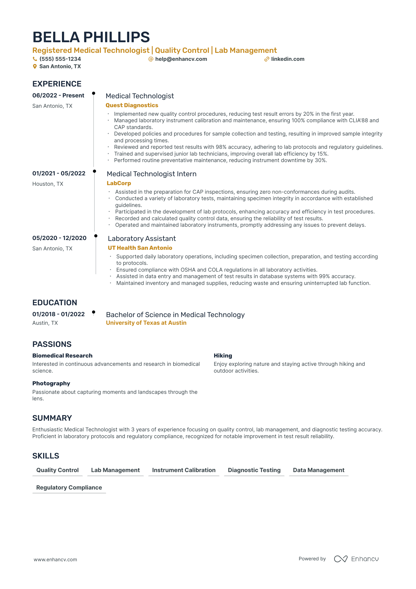 Senior Medical Technologist resume example