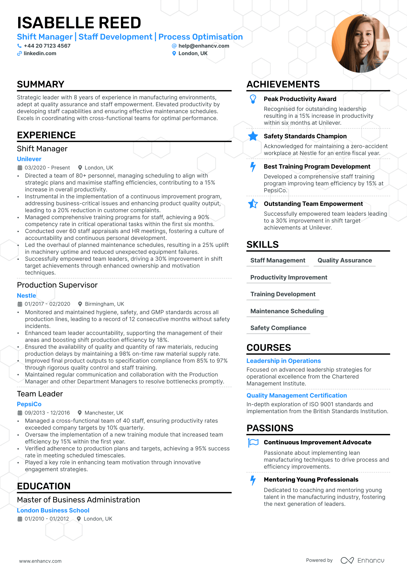 Shift Manager cv example