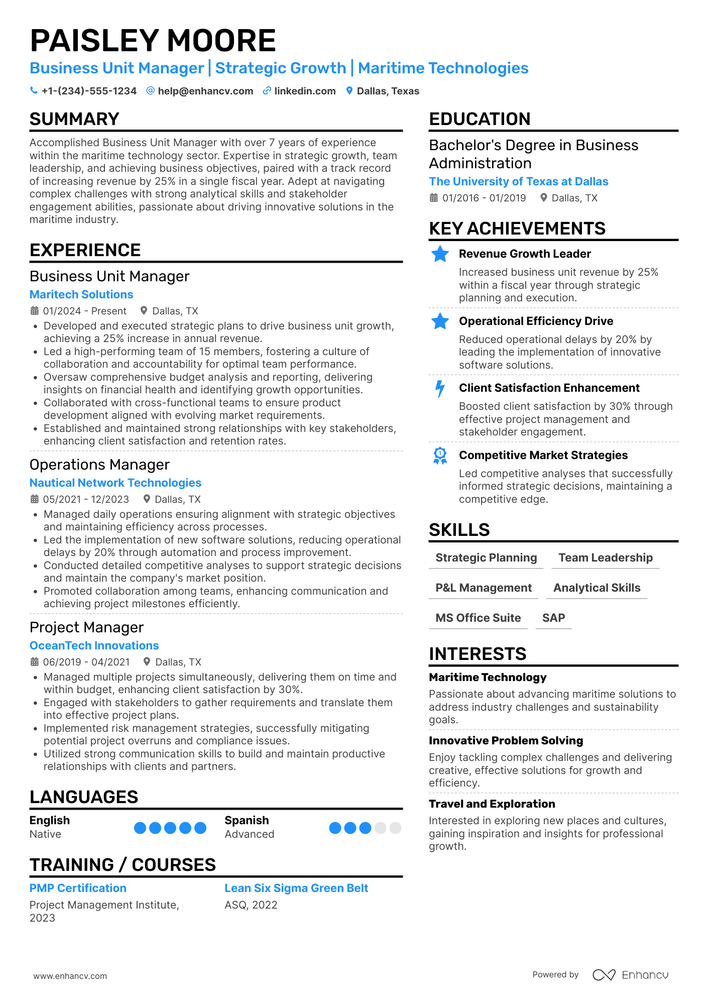 Business Unit Manager resume example