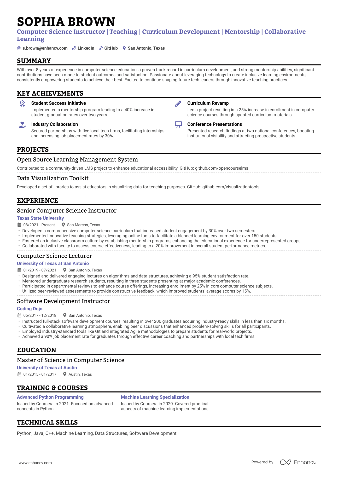 A single column ATS resume template, ideal for when you want to make your resume more full with less experience. Also an optimal design for traditionally inclined industries