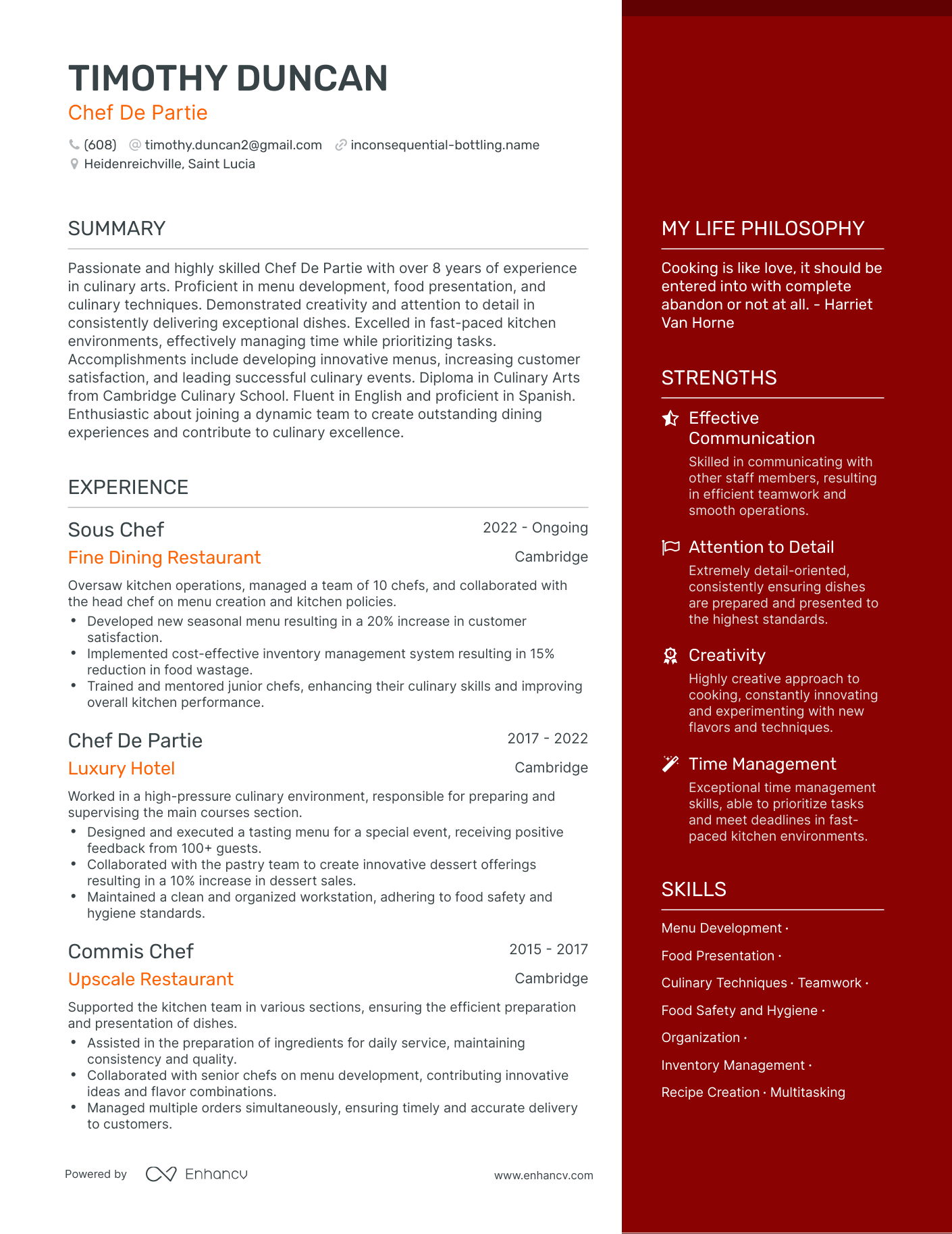 Chef De Partie resume example