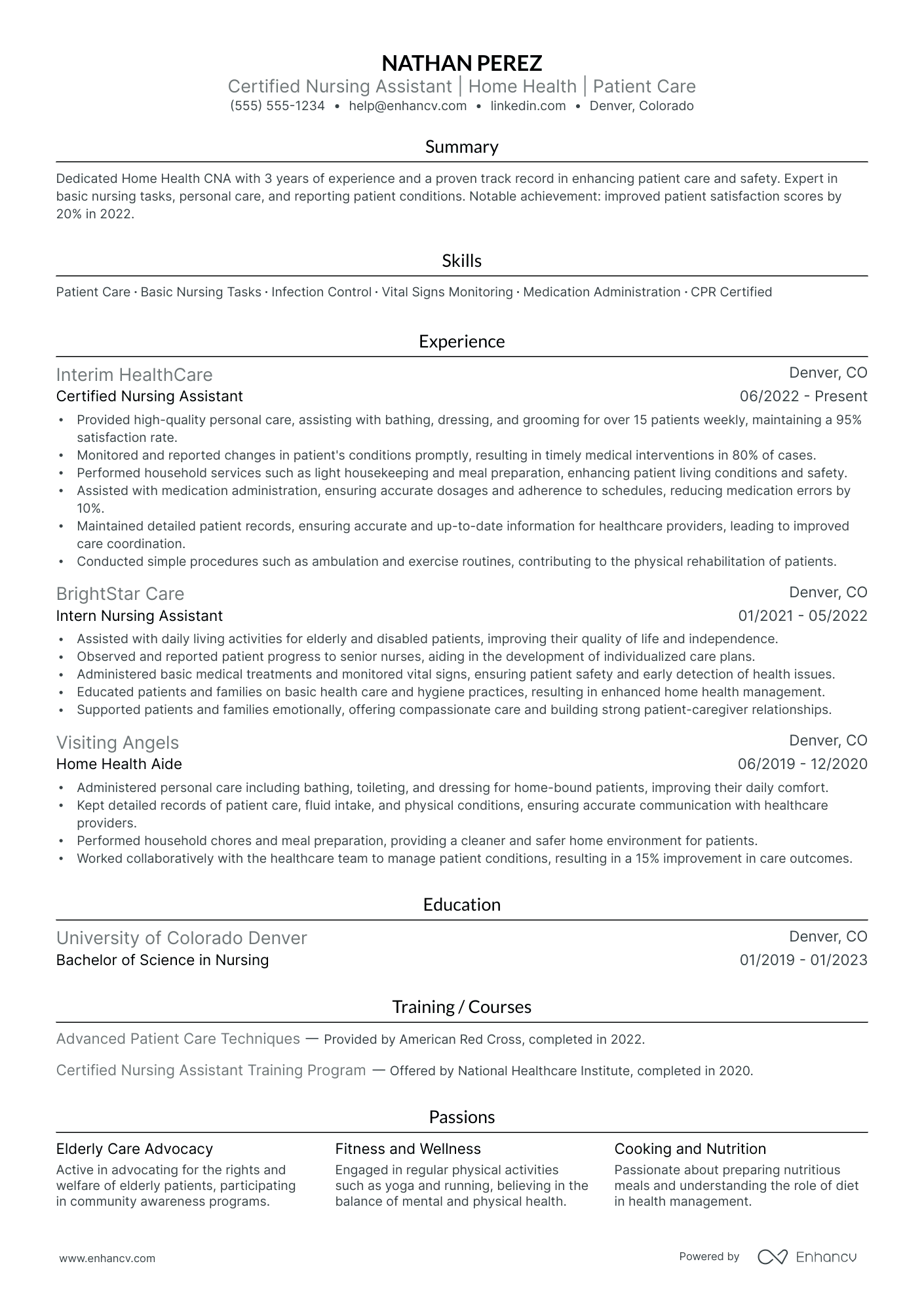 Home Health Nursing Assistant resume example