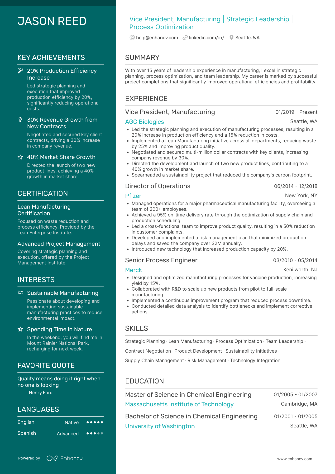 A polished template with a focus on key achievements and skills. Aqua colored left column for highlights.
