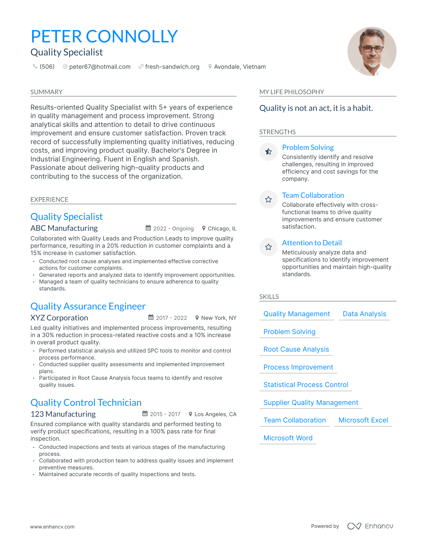 Modern Quality Specialist Resume Example