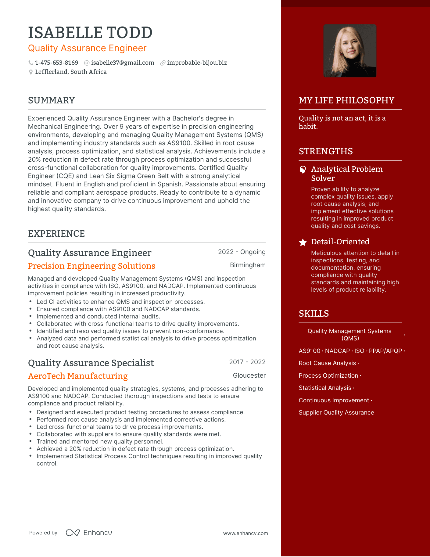 Quality Assurance Engineer resume example