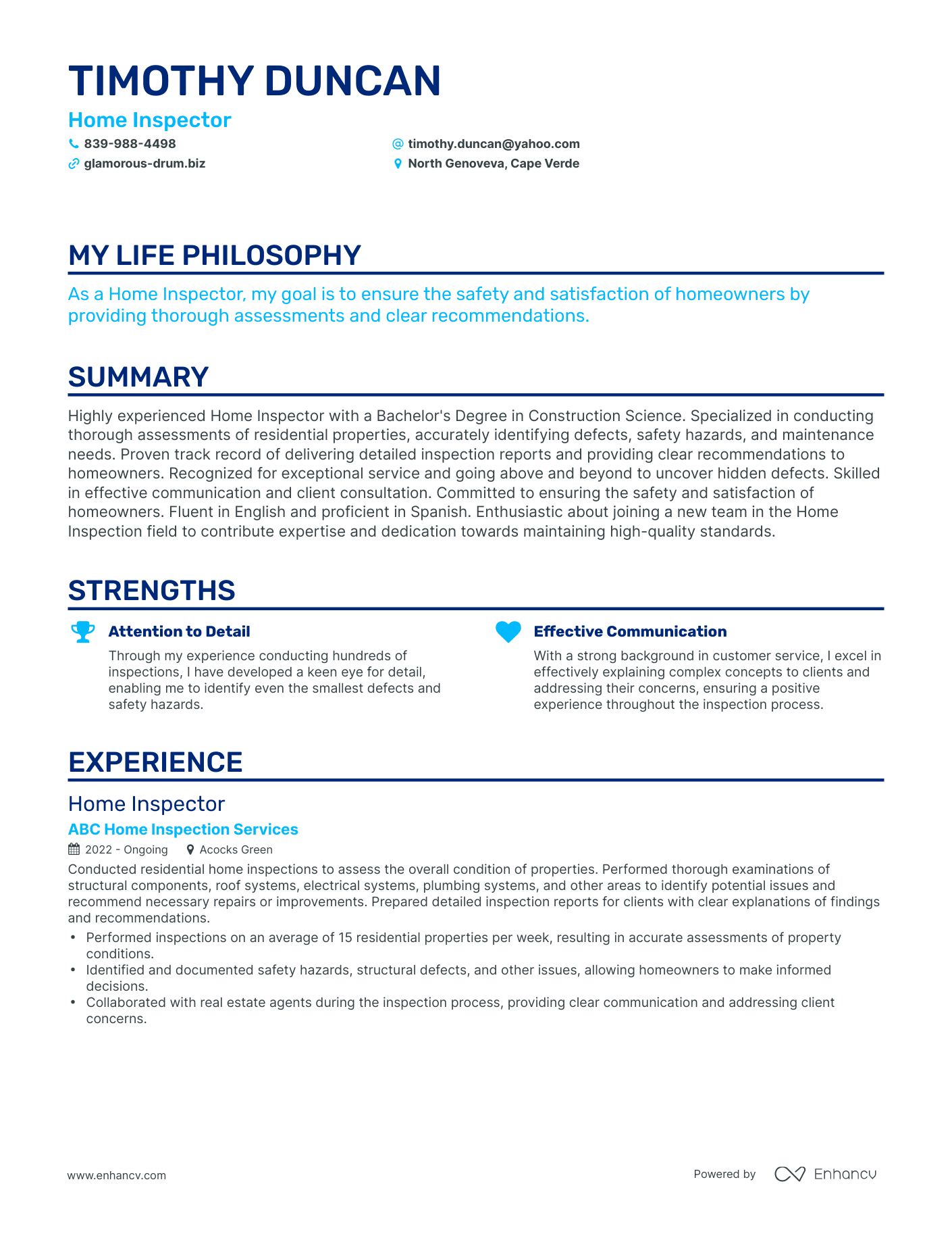 Creative Home Inspector Resume Example